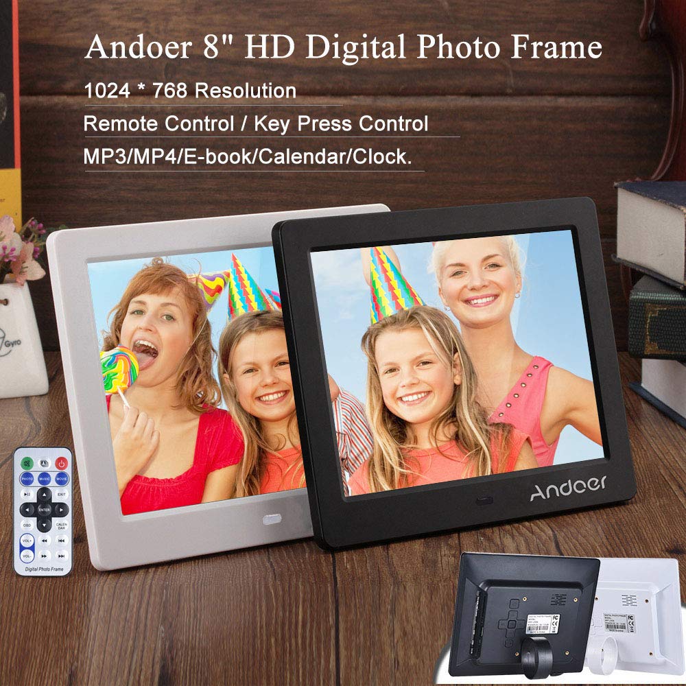 Marco digital para Fotos y vídeos Andoer 8 TFT-LCD (600*800) pantalla de alta Soporte Reproductor video MP3 MP4 Reloj Electrónico Calendario con Control Remot,mejor para regalo