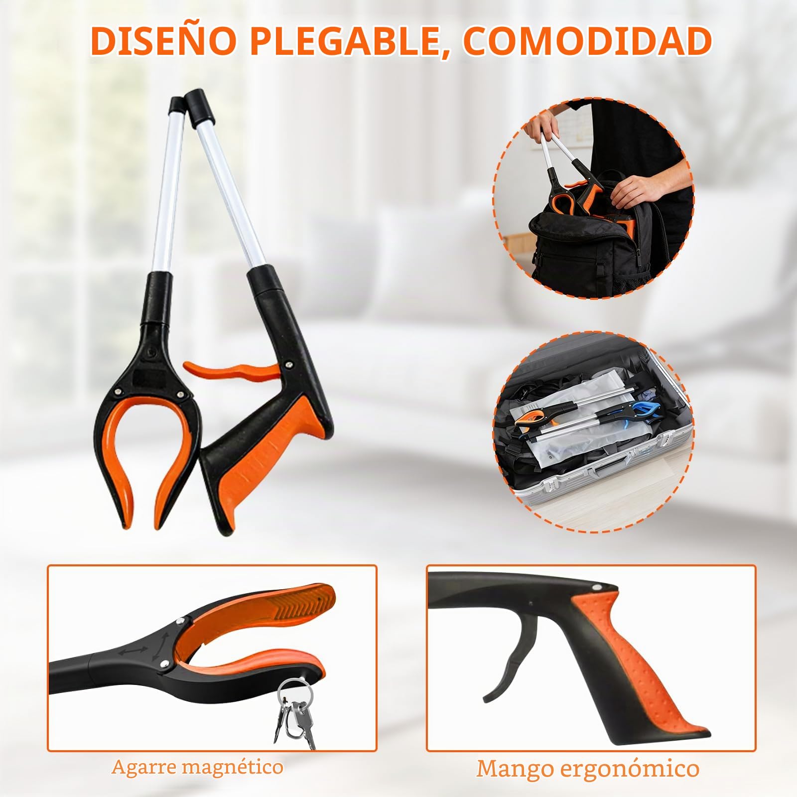 2 Piezas Pinza Brazo Recoge Objetos, Pinza Recoge Objetos Plegable Pinzas Larga Extensibles con Imán y Pinza Antideslizante Rotatoria de 360° para Mayores, Embarazadas, Discapacitados
