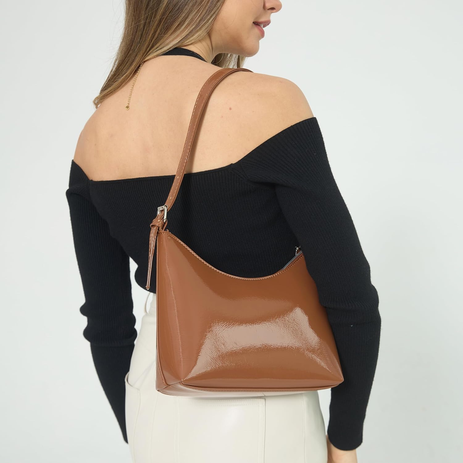 HOXIS Minimalist Faux Patent Leather Shoulder Bag Shiny Women Purse Y2K Style - Image 2