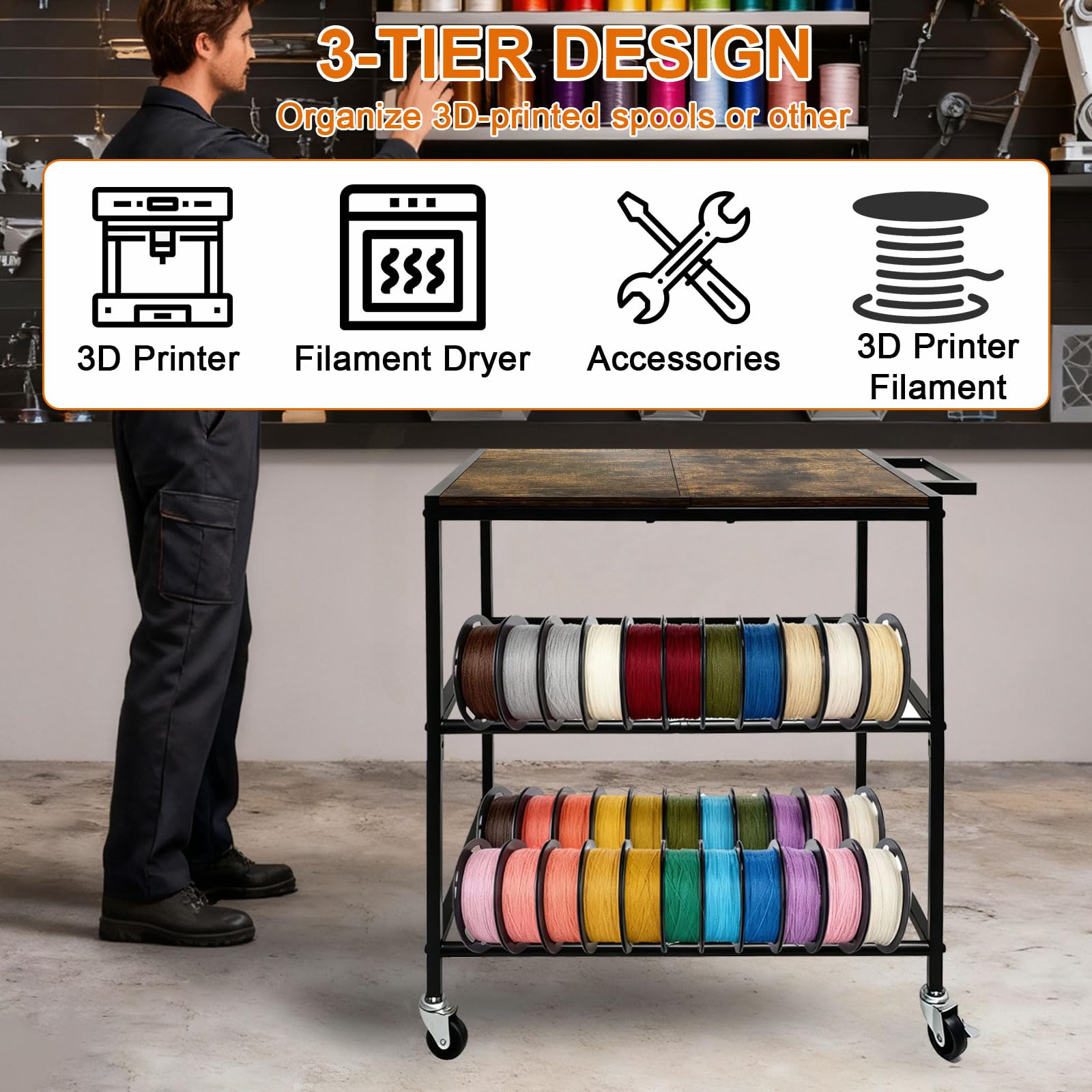 3d Drucker Filament Lagerregal Mit Rädern, Mobiles Druckerregal Aufbewahrungsregal Schweres Spulenhalter 3 Etagen Druckerzubehör Organizer Schreibtisch Für Druckstation Büro Werkstatt