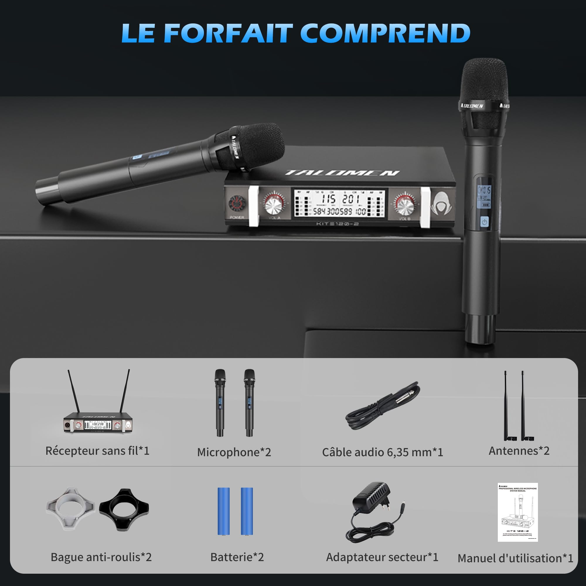 talomen Micro sans Fil UHF, Set de 2 Microphones à Main Dynamiques en Métal, Auto Scan, Portée 120 m, Récepteur Double Canal, Idéal pour Chant, Karaoke, Fête, DJ, Église – K120 Noir