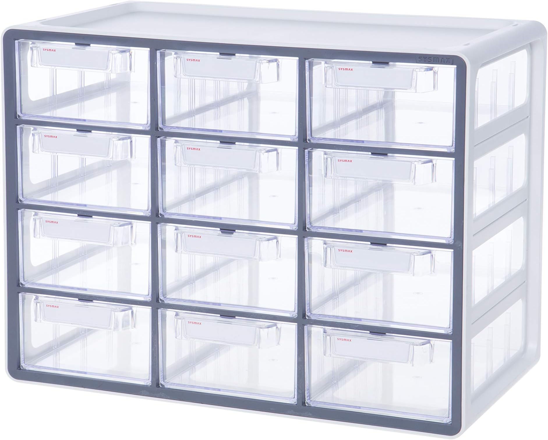 Litem Sysmax UP SYSTEM MULTIBOX 12 Drawers Cabinet with Lable IndexGrey See Through Desk Organizer Storage Drawers with Adjustable Dividers for Office, Home, School Supplies