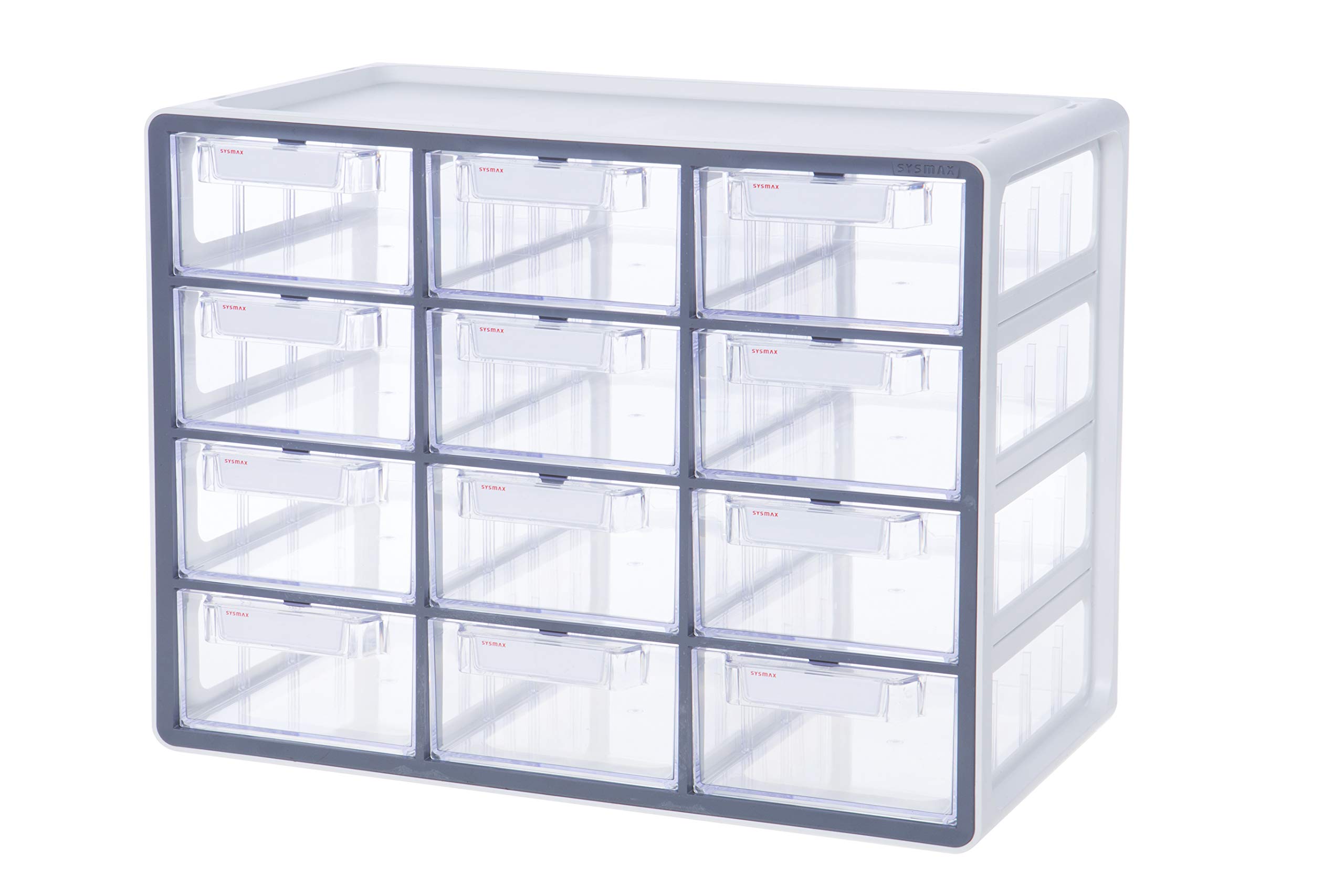 Litem Sysmax UP SYSTEM MULTIBOX 12 Drawers Cabinet with Lable IndexGrey See Through Desk Organizer Storage Drawers with Adjustable Dividers for Office, Home, School Supplies