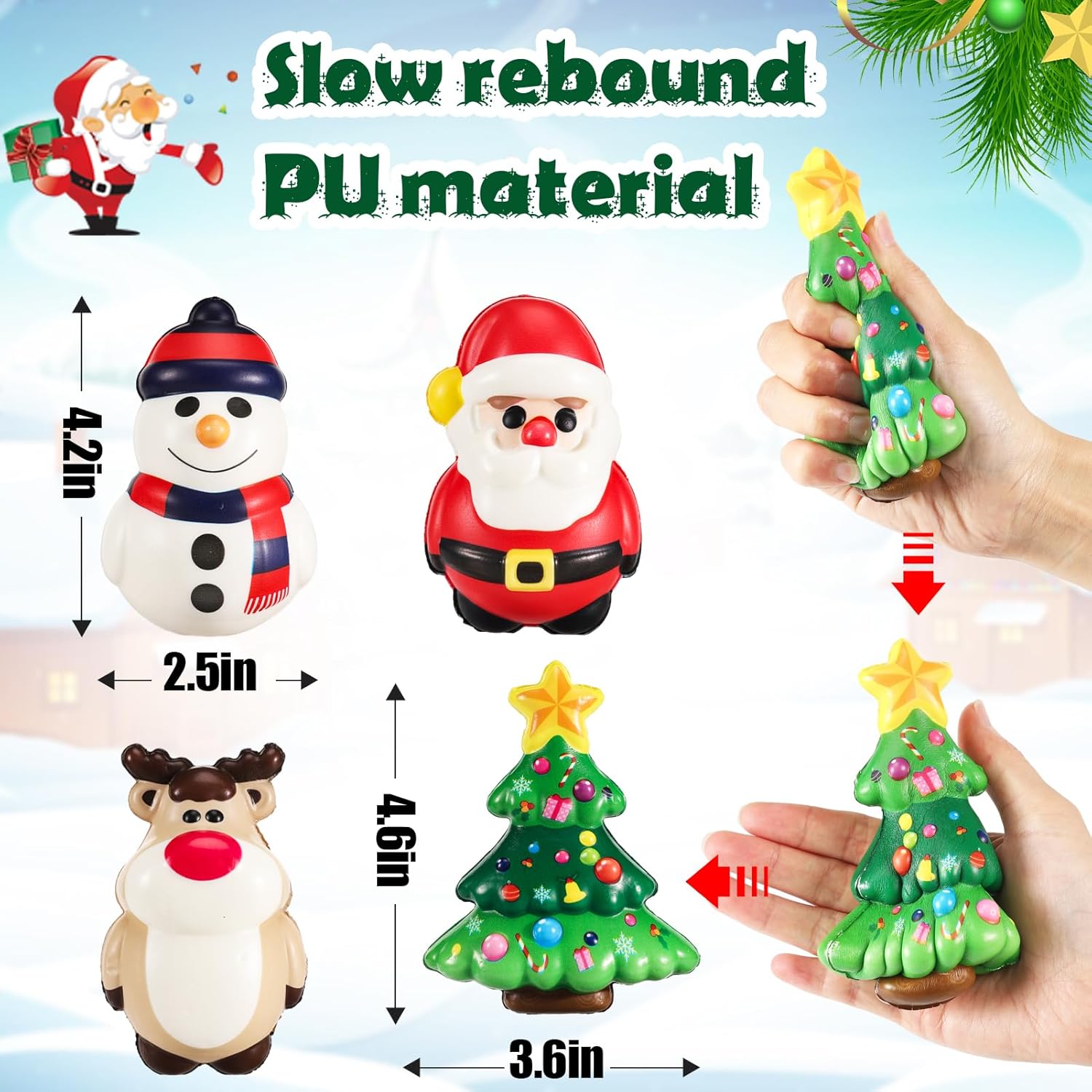 4.2in Large Christmas Squishies - 4pcs Mochi Squishy Toys, Slow Rising Stress Relief Balls for Boys Girls Kids Christmas Fidgets Stocking Stuffer Kawaii Cute Party Favors