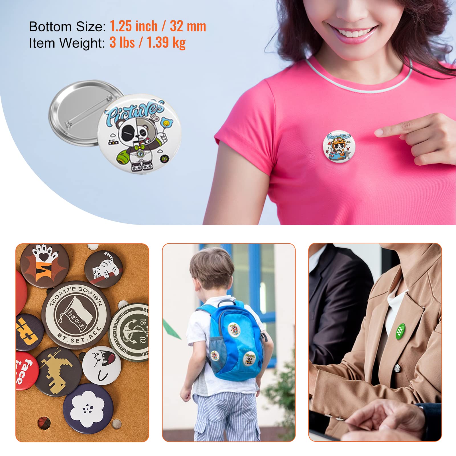 VEVOR Kit di Bottoni Badge Spille Personalizzate in Metallo Plastica Diametro 32mm 500 Pezzi Totale per Macchina Manuale di Fustellatrice per Badge Spille, Accessori di Badge Spille Fai-da-Te 500Pz