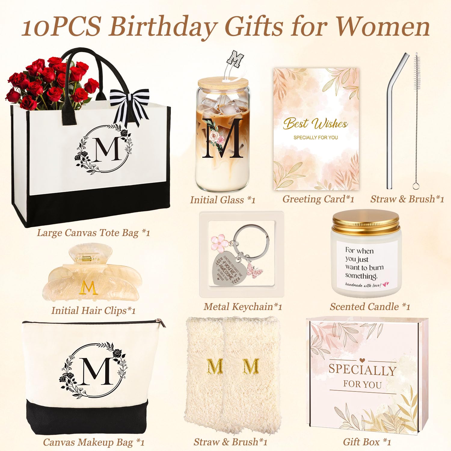Birthday Gifts for Women, 10pcs Monogrammed Gifts for Women Initial Canvas Tote Bag, Makeup Bag, Glass Cup, Hair Clip, Candle Basket Birthday Personalized Gift for Her Woman Mom Wife Friend Teacher, M