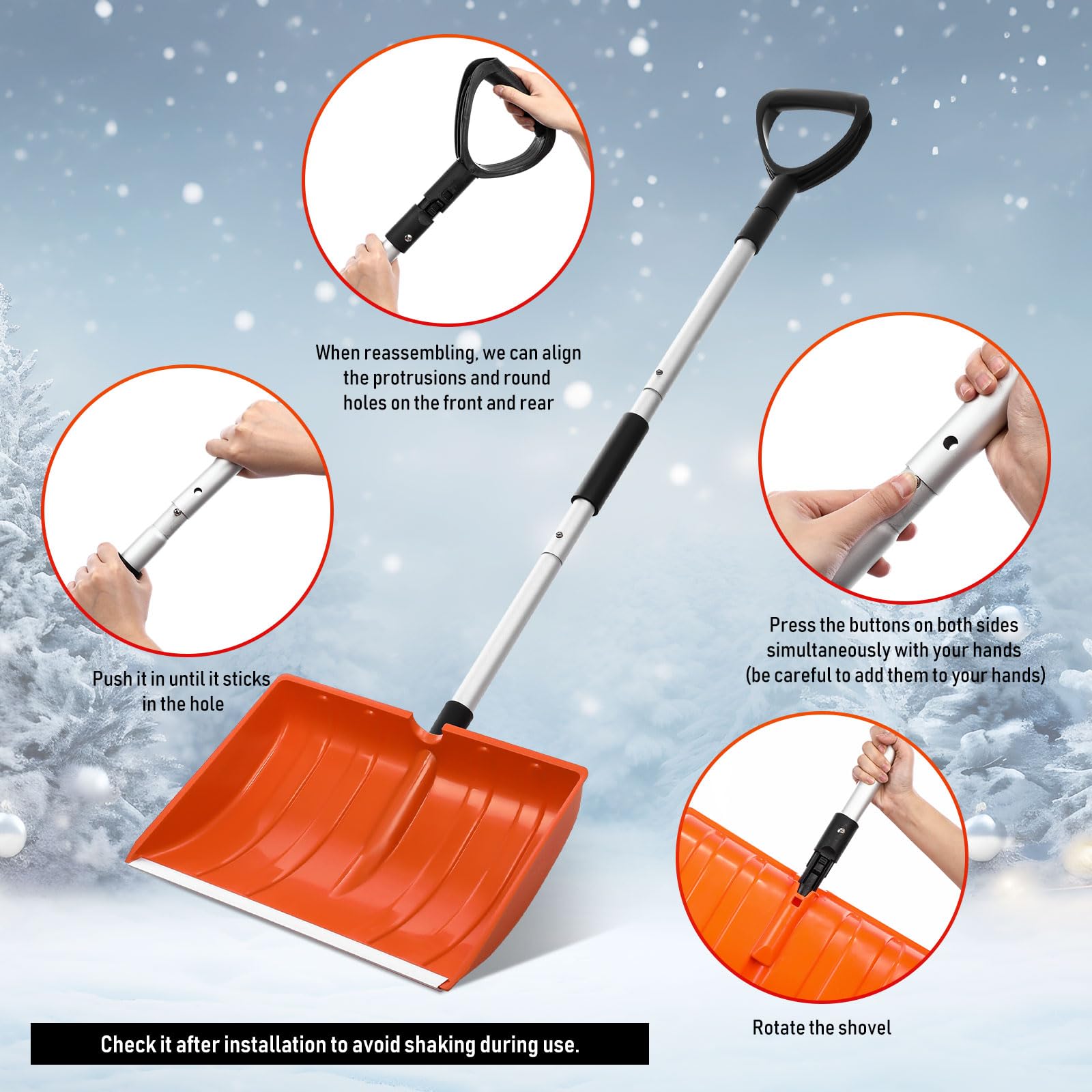 Schneeschaufel für Auffahrt, 40,6 cm breit, tragbar, zusammenklappbar, Metall, große Kapazität, robuste Schaufel mit Aluminium-D-Griff für Zuhause, Garage, Auto, Eis, Schnee, Entfernung,