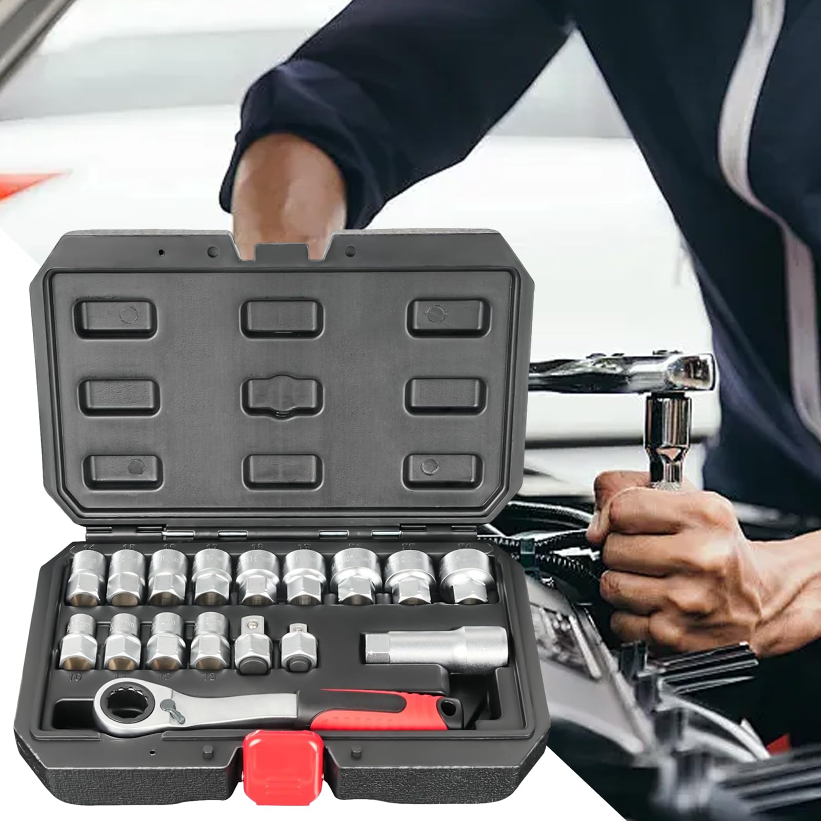 Generico Set Bussole A Cricchetto Kit Attrezzi Manuali Compatto Portatile | Set Chiave A Cricchetto E Bussole Drive per Manutenzione Veicoli, Riparazione Elettrodomestici, Lavori Idraulici,