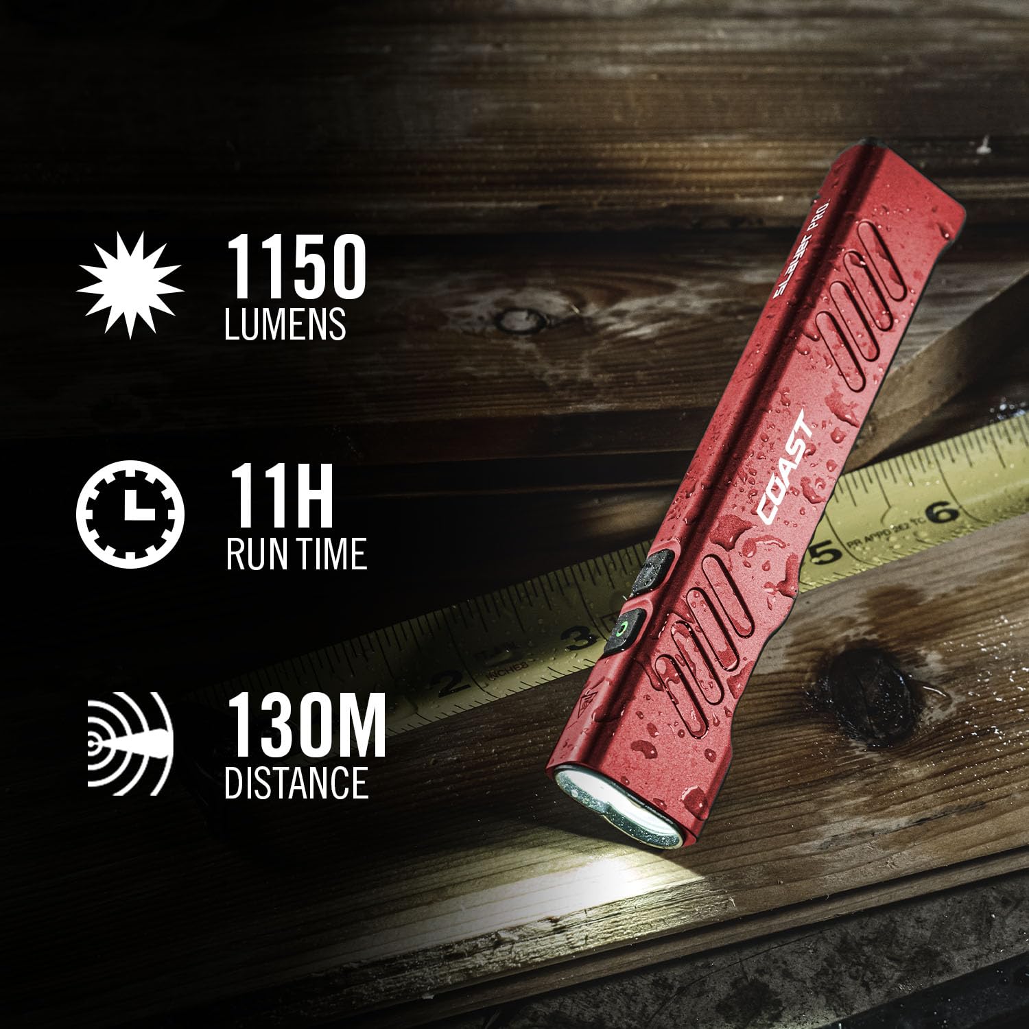 Coast Slayer Lampe torche LED rechargeable USB-C 1150 lumens avec spot/inondation, mode mémoire et clip de poche, rouge