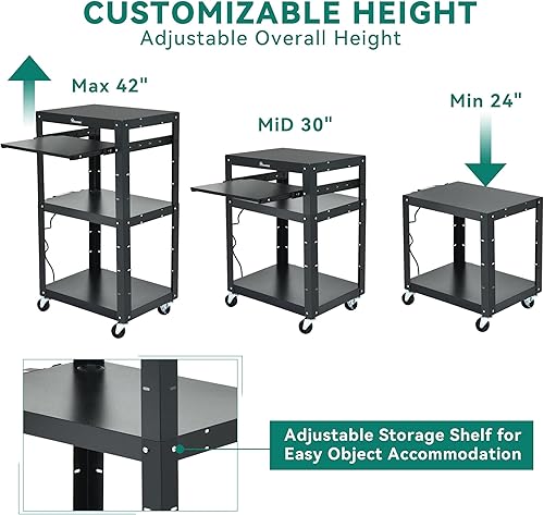 Miniatura 5 de YITAHOME Carro AV grande con cable extra largo de 16.4 pies, carrito de presentación de metal con bandeja para teclado, carros rodantes con ruedas y