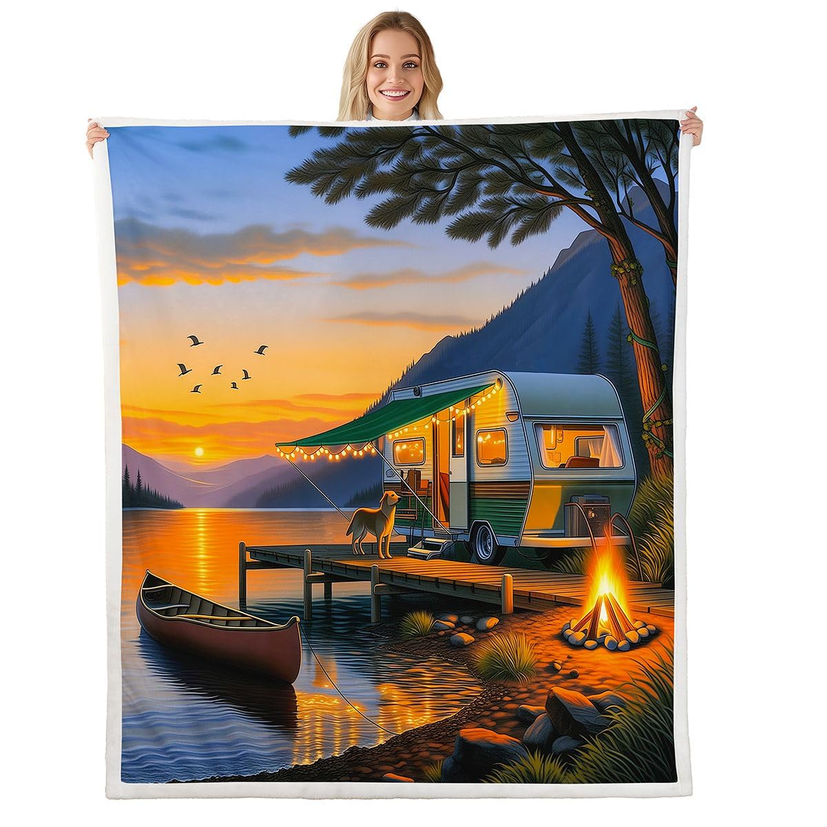 Homewish Koc polarowy do kampera, podwójny, 152 x 203 cm, ognisko, pomarańczowy, zachód słońca, obóz, ciepły, pluszowy koc sherpa, szczęśliwy kemping, do kampera, puszysty, pluszowy, wiejski, łódź