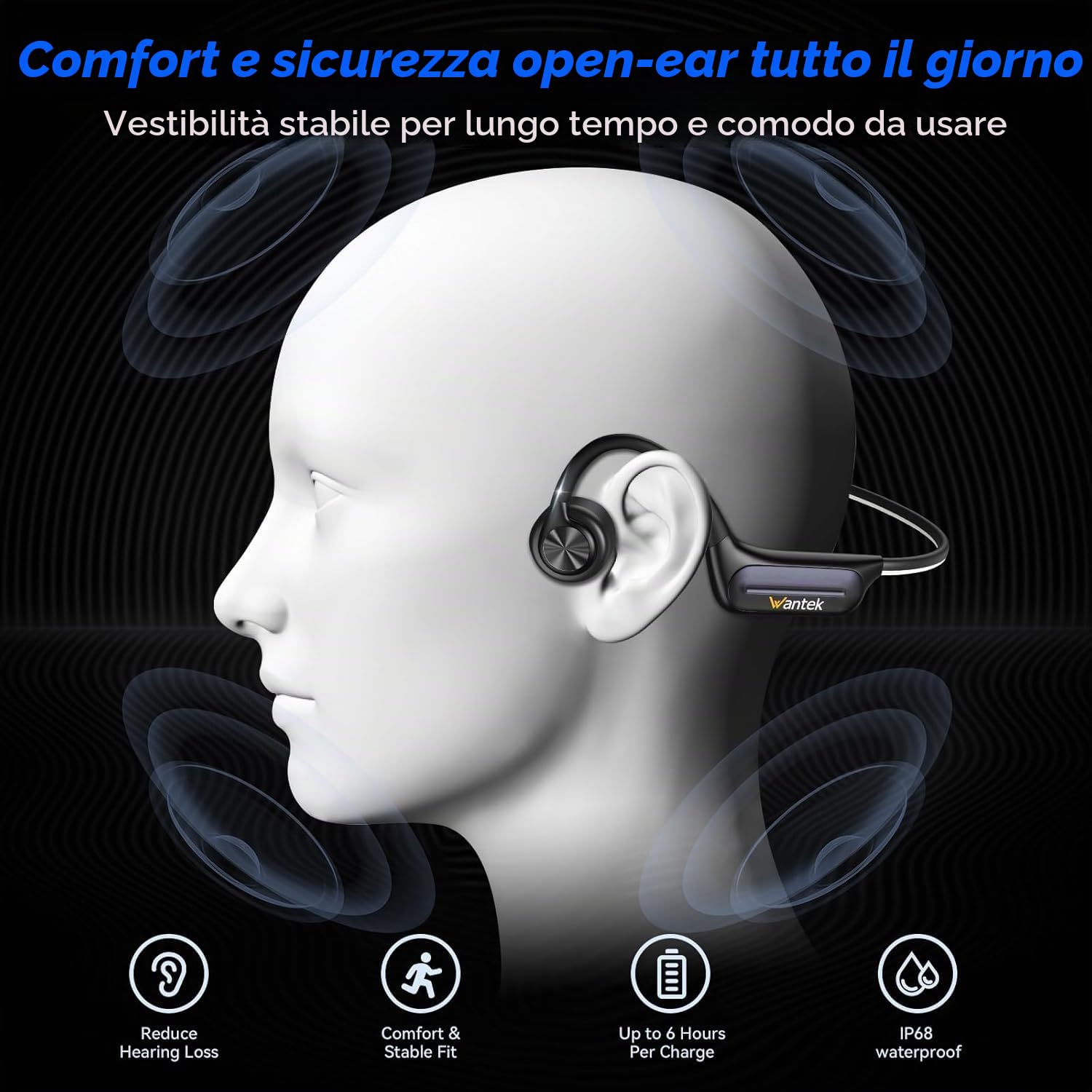 Wantek Cuffie a Conduzione Ossea Bluetooth 5.3, Auricolari Sportivi Open-Ear Wireless, Impermeabili IP68 con Memoria MP3 da 32GB, Cuffie Subacquee per Nuoto, Corsa, Ciclismo, Fitness e Surf