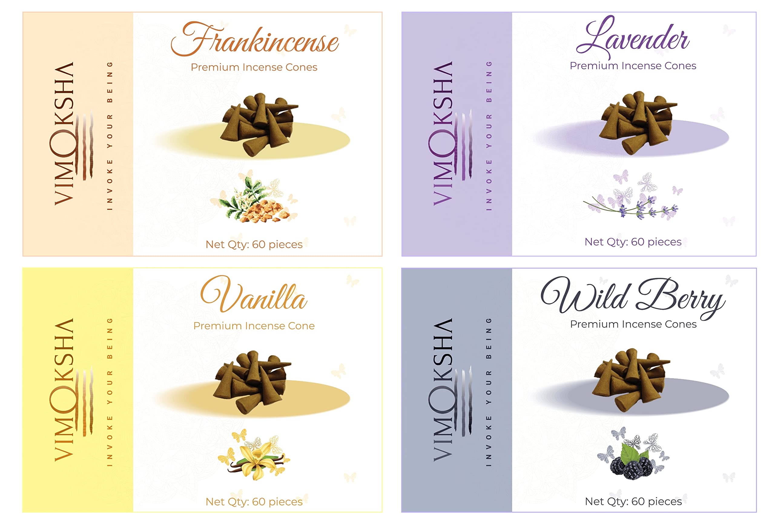 Vimoksha Incense Dhoop Cone | Dhup Agarbatti | 100% Natural | Organic Exotic Aroma | Frankincense, Wildberry, Lavender, Vanilla, Pack of 4, 240 Cones with Stand (4 Scents x 60 Sticks Each)