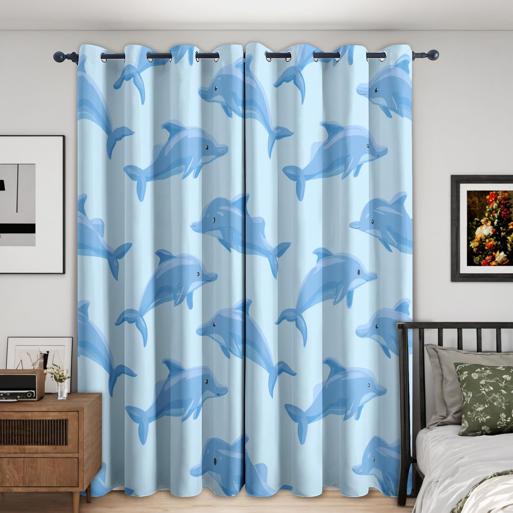 Dolphin Blackout Curtains, 108 Drop, Kids Cute Ocean Animal Printed Curtains for Living Room, Bedroom, Eyelet Drapes for Window Home Decor, 90x108 Inch 2 Panels Rc3108