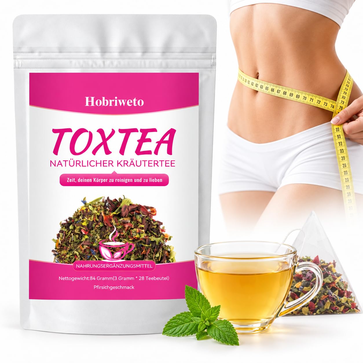 Detox Tee zum Abnehmen – Gewichtsverlust Kräutertee, Natürliche Kräutermischung mit Grüner Tee, Löwenzahn, Rose & Pfirsich – Unterstützt Entgiftung, Verdauung & Wohlbefinden – Vegan(28 Teebeutel)