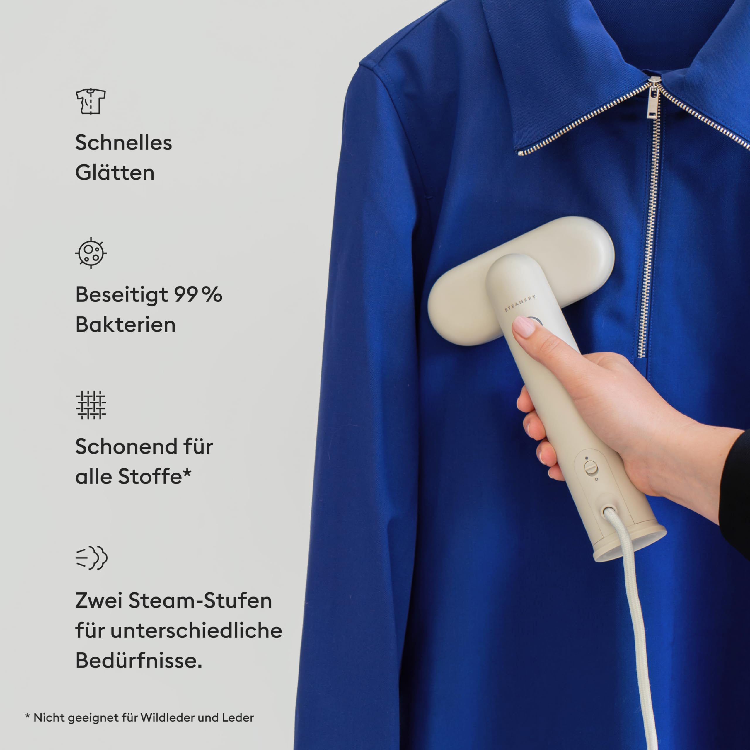 Steamery Travel Steamer Cirrus Lite, 1200 W, Dampfleistung 16 g/Min, Aufheizzeit 18 Sekunden, tragbar & kompakt, drehbarer Steam-Kopf, Dry Steam-Technologie, beheizte Frontplatte, Sand