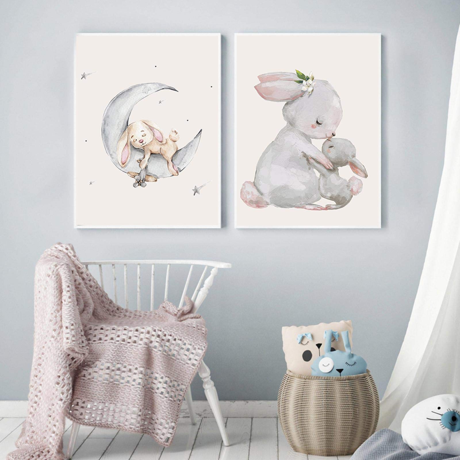 dsdsgog Conejo Luna Osito Bebé Niña Vivero Arte de la pared Póster Impresión de animales Pintura de la lona Cuadros de pared nórdicos para la decoración de la habitación 60x90cmx2 Sin marco