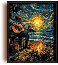 (Unframed) (12x16 Inch) Satin Wall Art Print Of Futurism Poster: Guitarist performing a flamenco routine by a campfire on the beach - Eco-Friendly Poster, Custom Decor for Home, Office, Bedroom, Bath