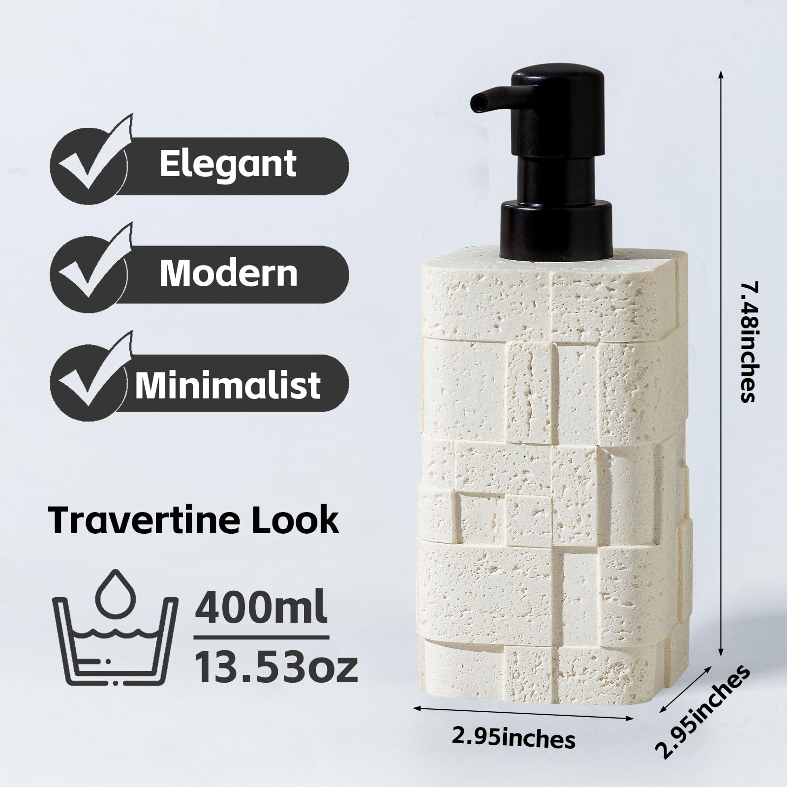 Dispenser di sapone da 400 ml, 2 pezzi, lussuoso dispenser per sapone per mani, lozioni, shampoo, sapone, effetto pietra travertina, per cucina, bagno, piano di lavoro (bianco)
