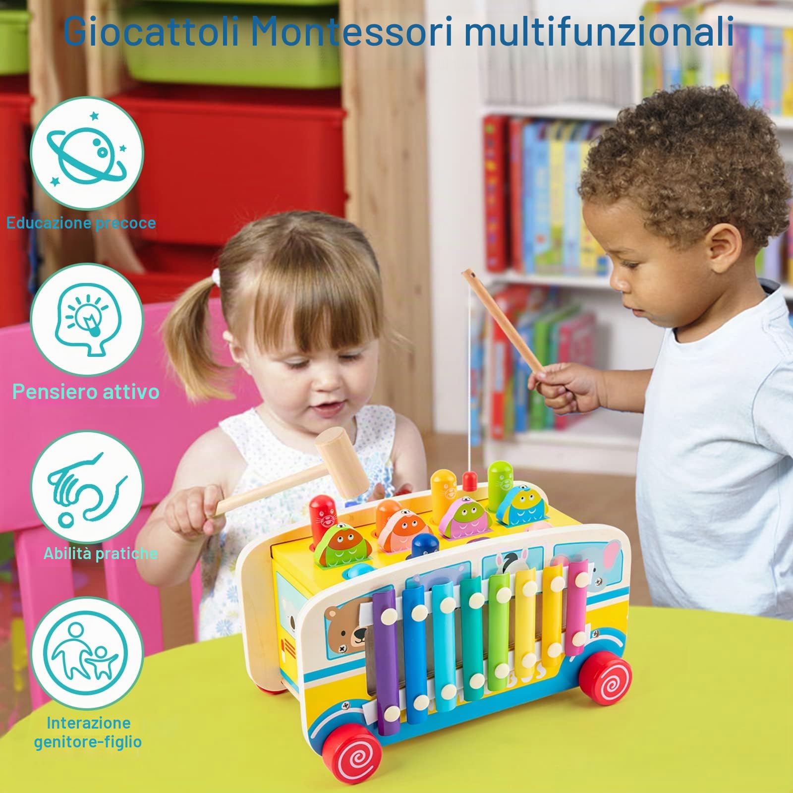 Sundaymot Giochi Montessori 3 Anni, Gioco per Bambini 4 in 1 con Xilofono, Pesca, Whack-a-Mole, Regalo Bambino 3 4 5 6 Anni per Natale, Festa dei Bambini, Compleanno