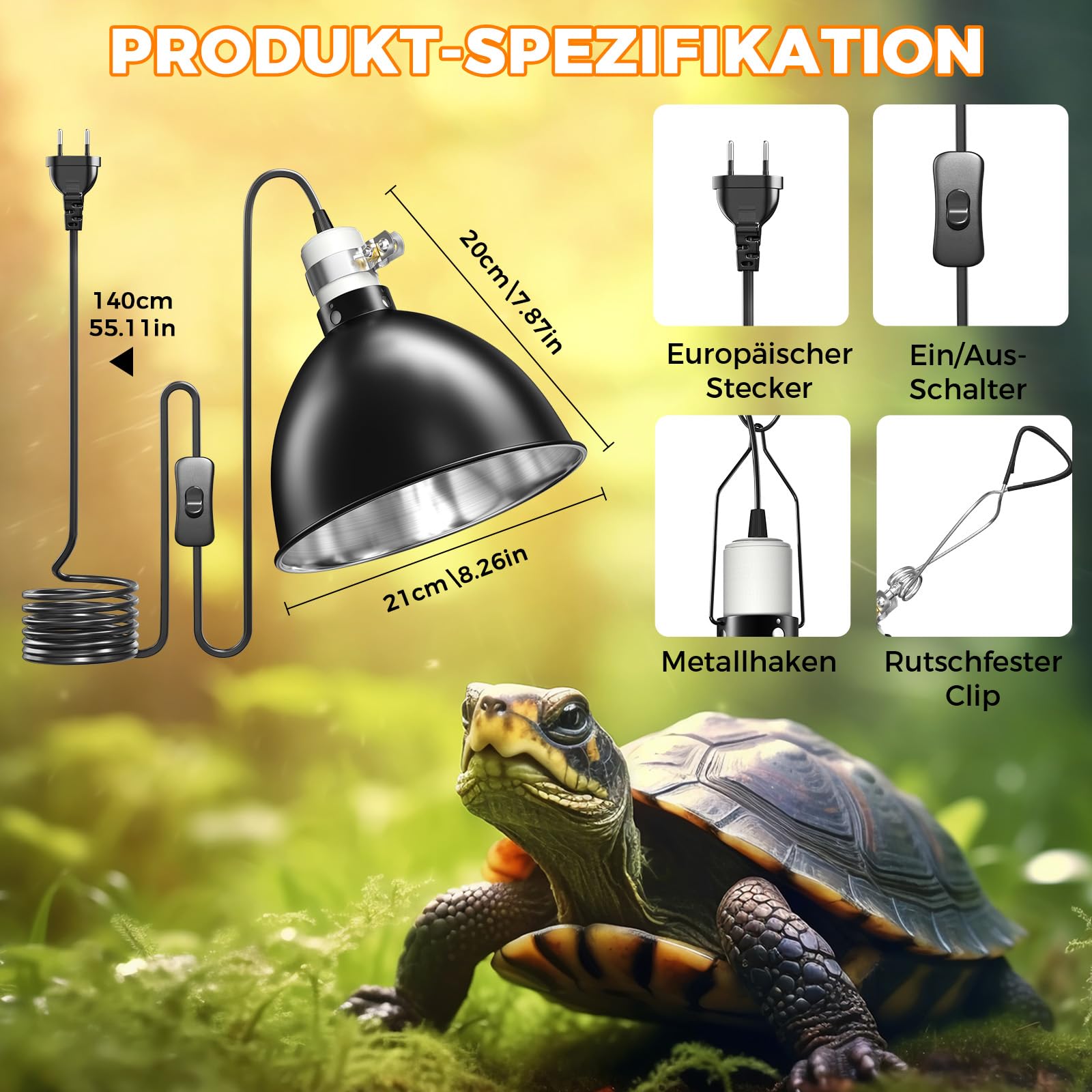E27 Reptilien Terrarium Wärmelampenfassung 200W Dome Lampe 21CM Wärmelampen Schildkröten AC220-240V Reptilien Lampenschirm für Terrarium, Eidechsen, mit Haken und Klammern (Keine Glühbirne)