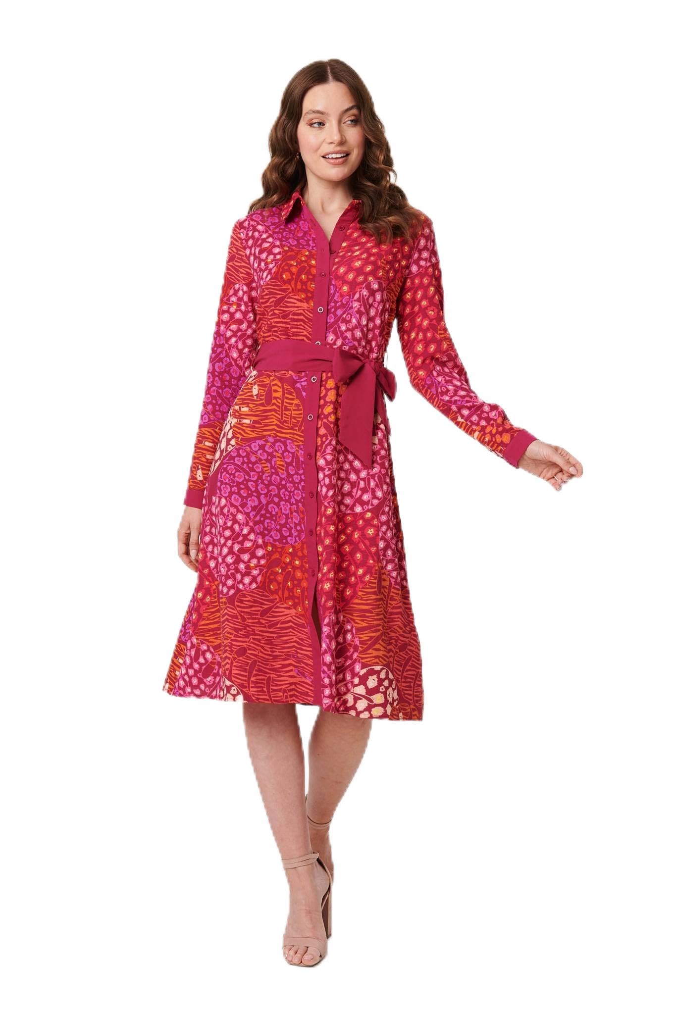 Izabel London Women's Pink-1 Printed Long Sleeve Collared Midi Dress For Uk With A Collared V-Neck And Buttons.