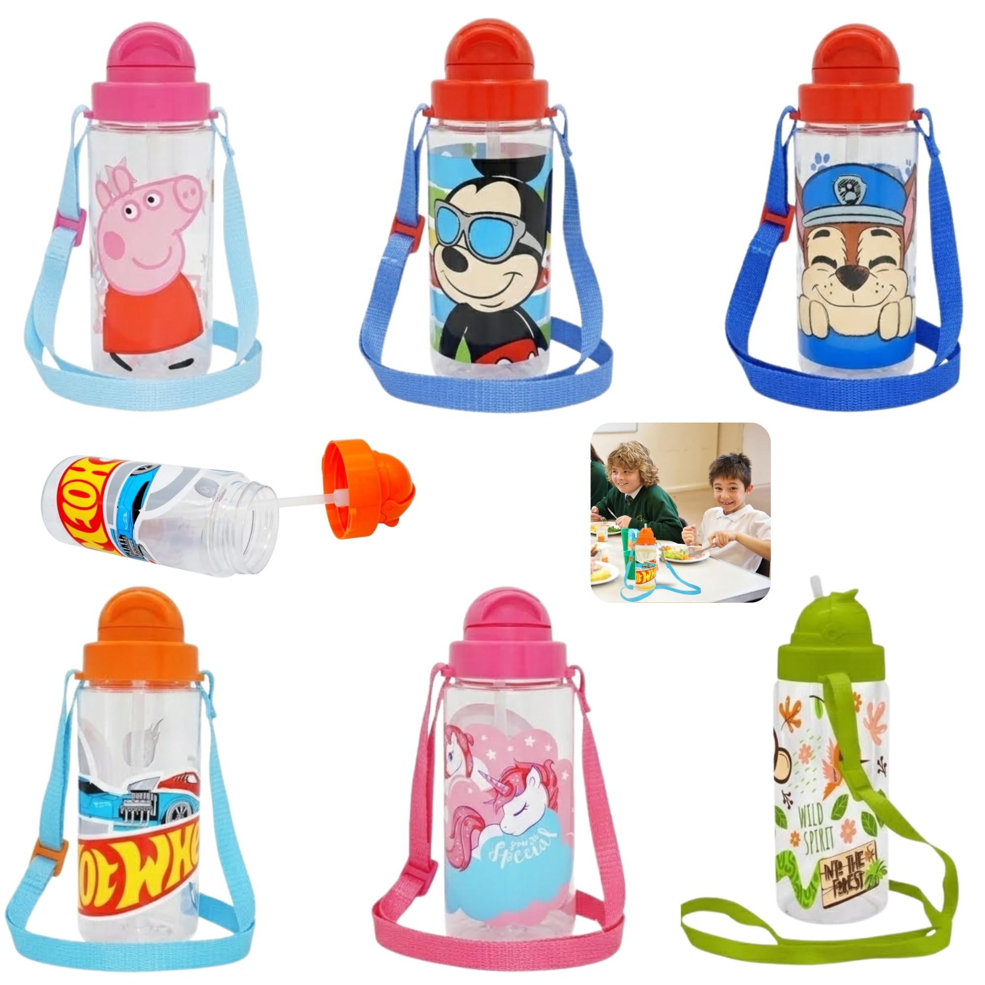 SRV Hub Character Kids Water Bottle with Straw 500ml 1x Random, Tritan BPA Free Reusable Bottle with Strap, Leak Resistant School Travel Sports Bottle Age 3+
