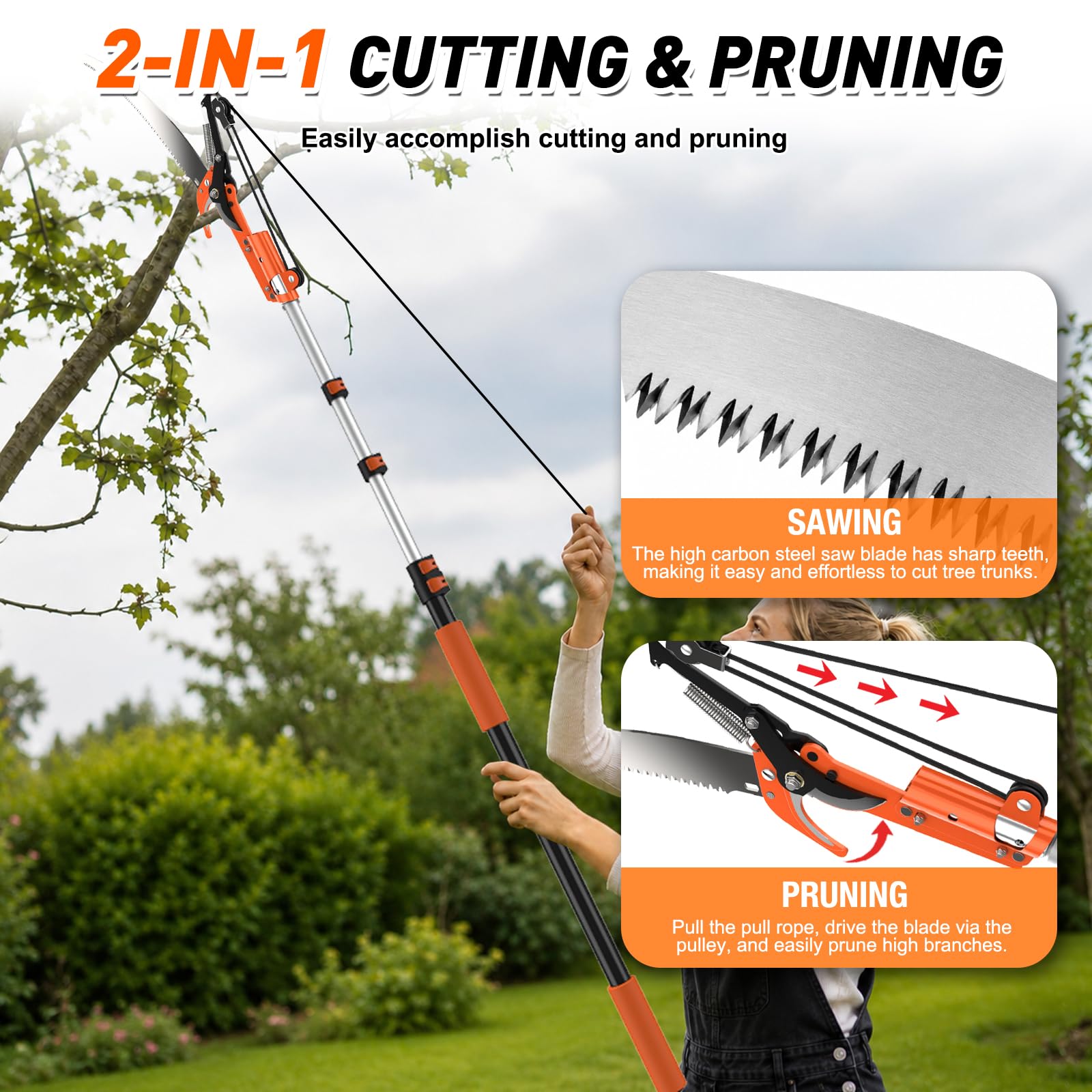 SISUPASSIE Cortadora de árboles de alcance de 26 pies, sierra telescópica con poste de extensión de 5 a 20 pies, podadora manual extensible para patio, jardín, patios