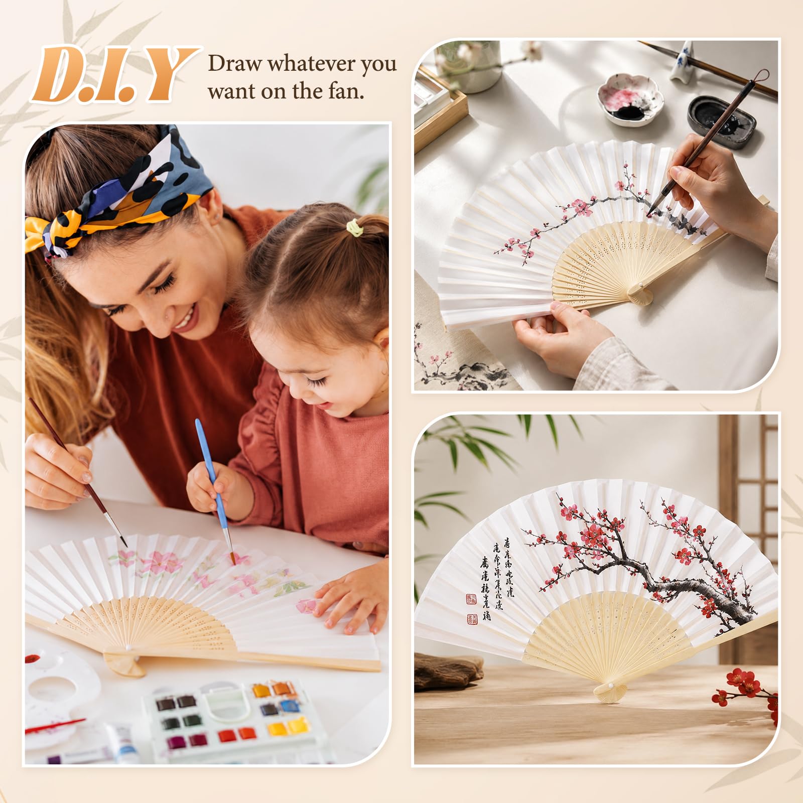 60 weiße Faltfächer, Inklusive Geschenkanhängern aus Kraftpapier und Aufbewahrungsbeuteln aus Organza, DIY Mal- und Beschriftbar, für Hochzeit & Party, Bastelbedarf für Kinder Handwerksprojekte