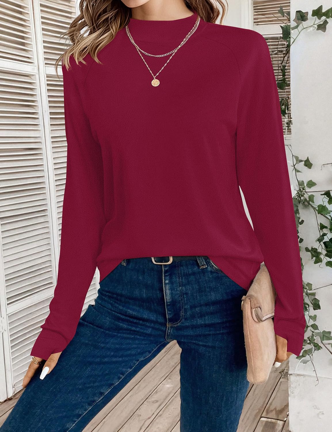 JUSTFASHIONNOW Tunic Tops for Women Casual Long Sleeve Turtle Neck Shirts Thumb Hole Curved Hem Tops Fall Fashion - Image 6