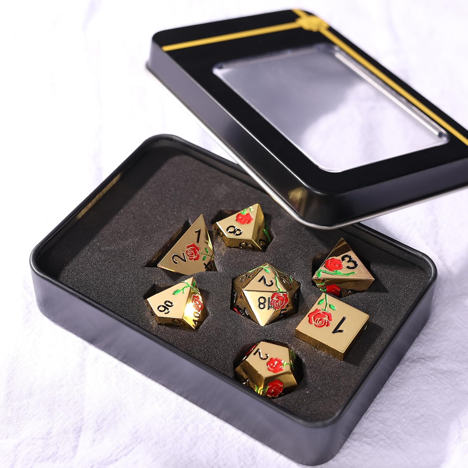 DND Metal Dice Set,Polyhedral Dice Set-Hand-Coloured Rose D&D Dice Set,Perfect in Gift Metal Box for DND Dungeons and Dragons Warhammer MTG RPG Role Playing Games(Gold-Red Rose)