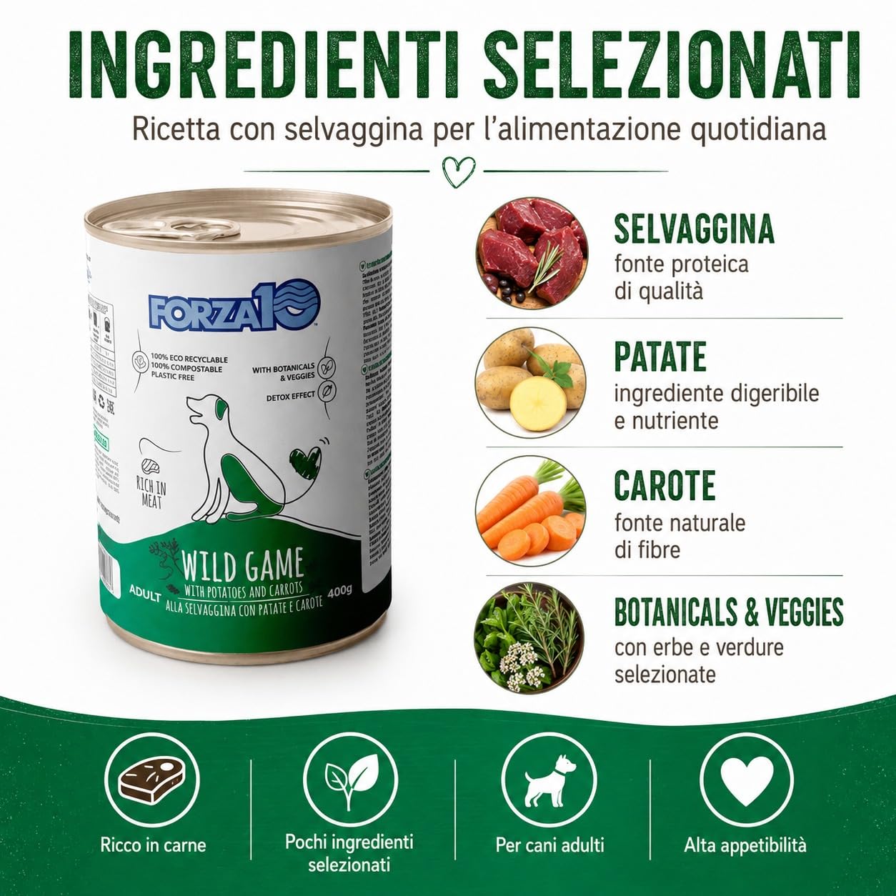 Selvaggina,Patate e Carote– Forza10 Cibo Umido per Cani Adulti di tutte le Taglie e Razze, Monoproteico, 12 Lattine x 400g, Alimento Completo Ricco in Carne.