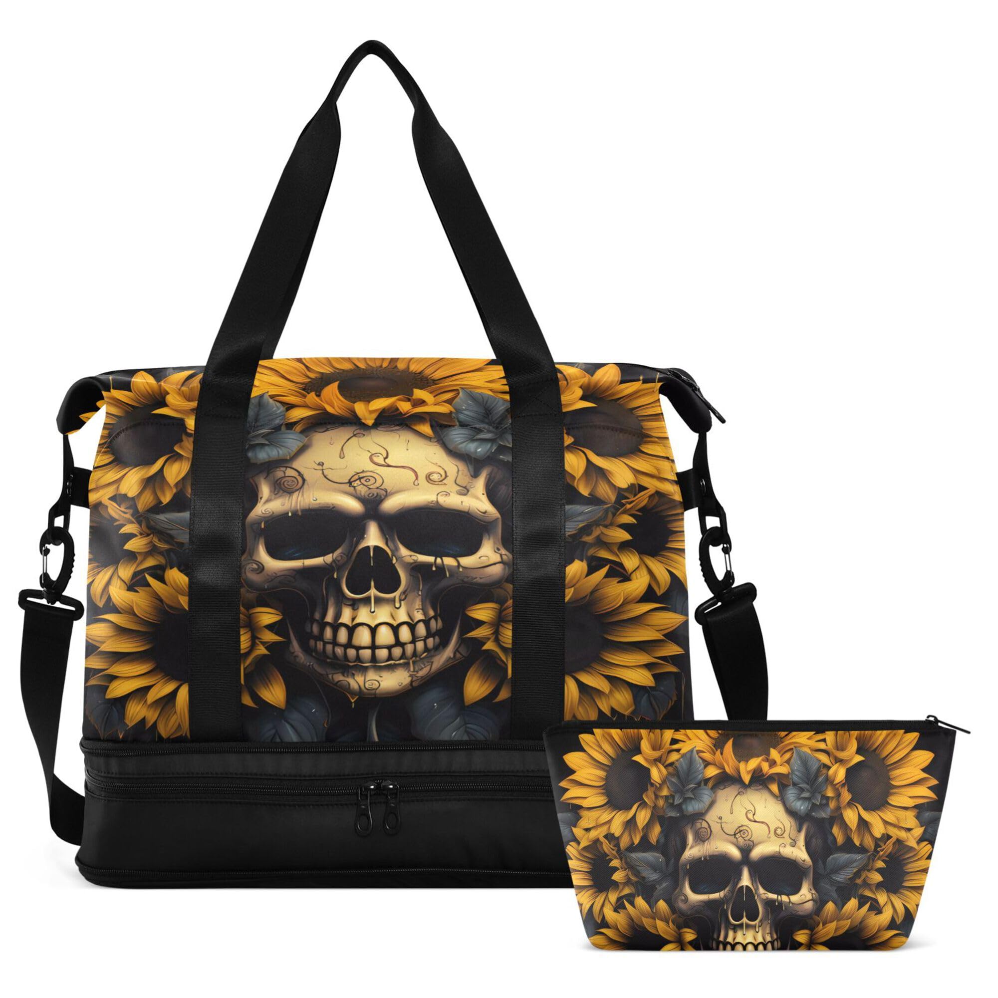 Travel Duffel Tote Bag Skull and Sunflower Sports Duffel Bag with Wet Pocket Weekender Overnight Bag for Women Men Gym Bag, Carry On Bag Hospital Bag