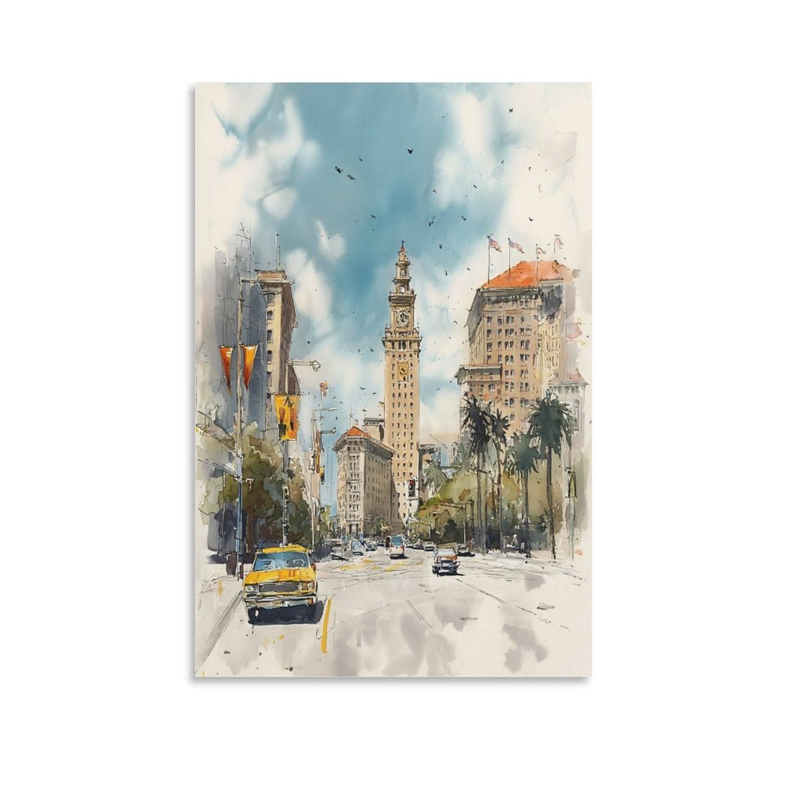 XWYMXZ Costa Rica Watercolor Print San José Cityscape Travel Poster Tree 24x36inch(60x90cm) Vintage Watercolor Canvas Art
