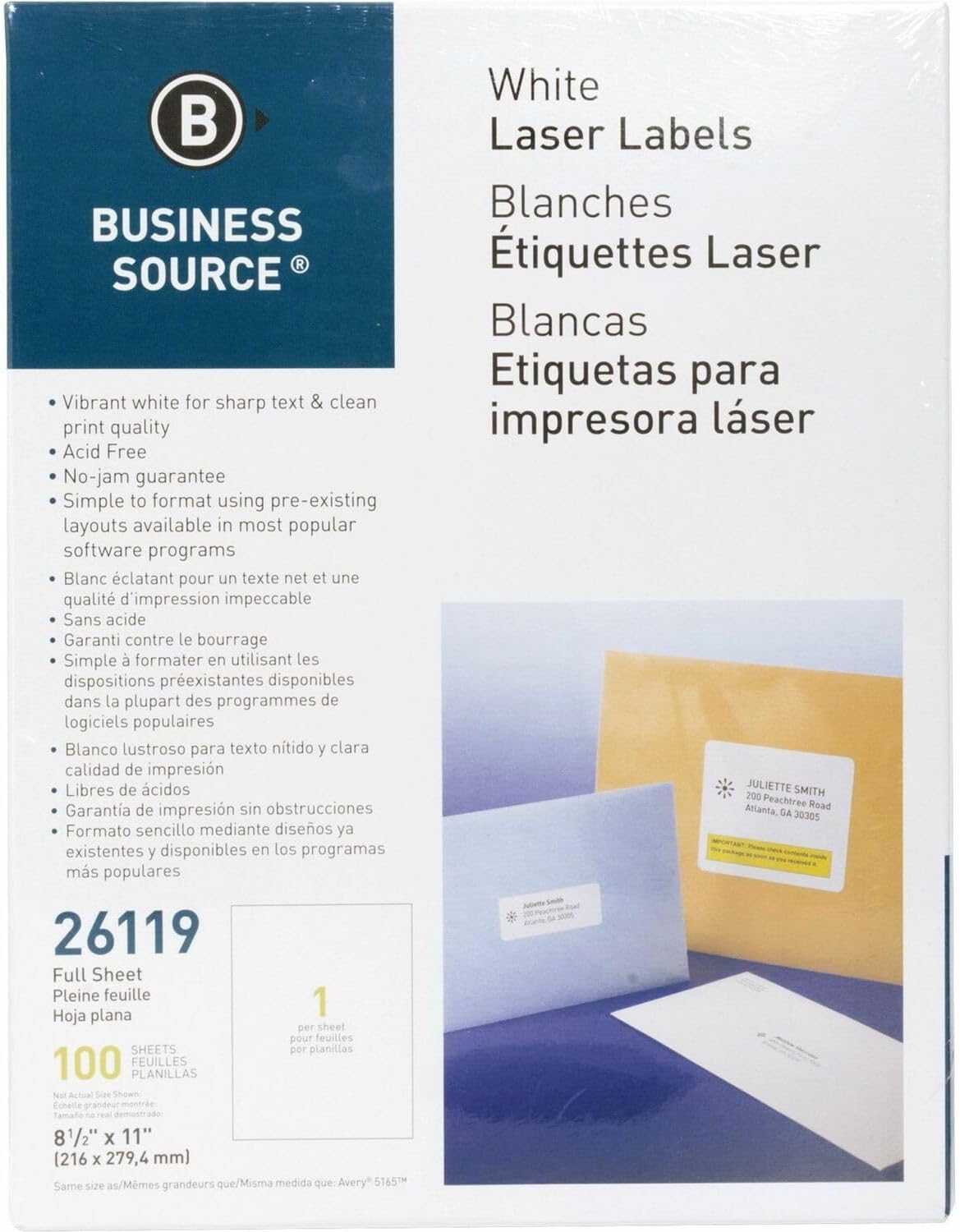 Business Source 26119 Mailing Labels, Full Sheet, Laser 8-1/2-Inch x11-Inch, 100/PK White