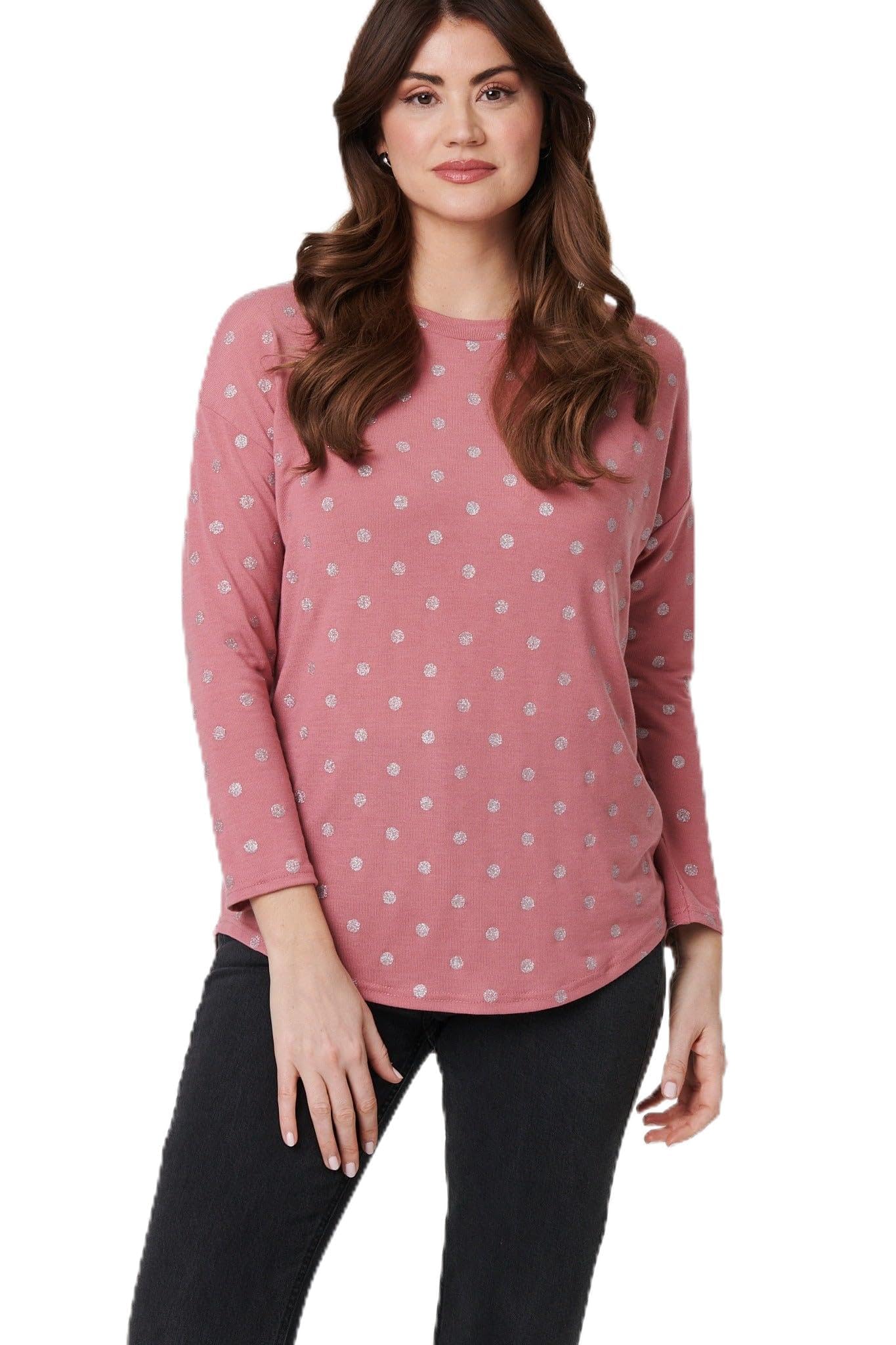Izabel London Women's Pink Polka Dot Print Relaxed Long Sleeve Top In | Size: 10