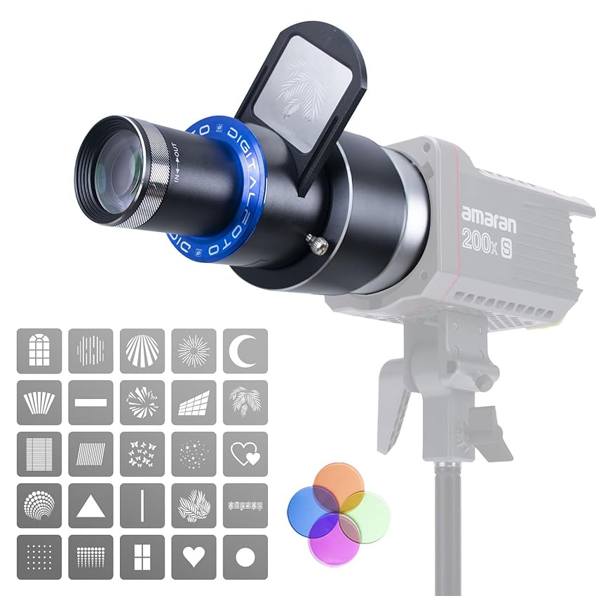 DF DIGITALFOTO Snoot Ottico Bowens Proiettore, 25 Gobo, Allegato per la Fotografia Spotlight, Compatibile con Aputure Amaran 100X/D 200D/X, Godox SL60 per Moda, Bellezza, Ritratti Focalizzabile