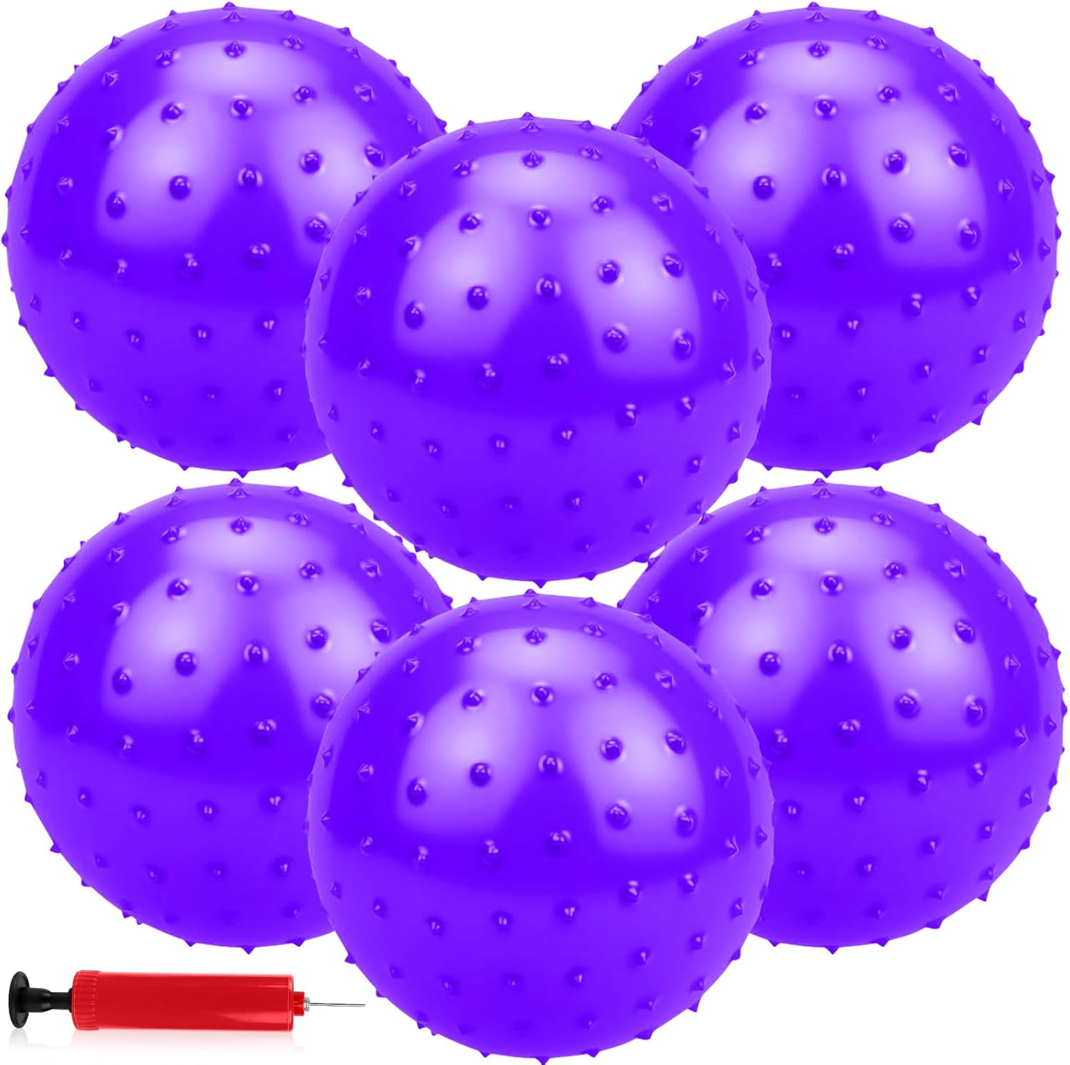6PCS Bouncy Balls for Kids Toddlers, 12 Inch Sensory Balls Spiky Massage Stress Ball Bulk with Air Pump, Indoor Outdoor Sports Sensory Toys & Party Favors(Purple)