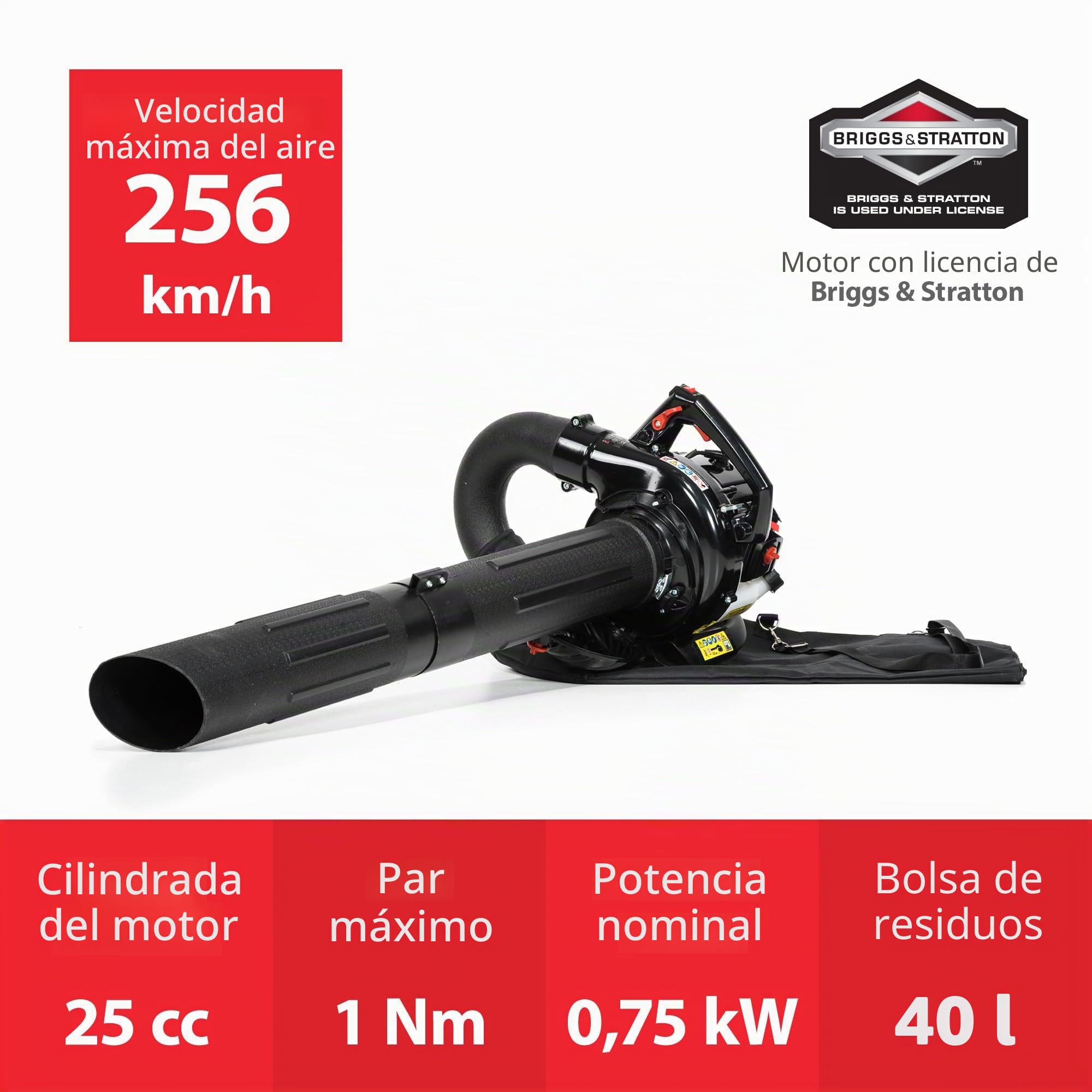 NAX POWER PRODUCTS 950V soplador de hojas motor 25,4 cm3 0,75 kW Briggs & Stratton producto con licencia, de gasolina, bolsa de recogida de 40 l, aspirador de jardín con la función de soplado