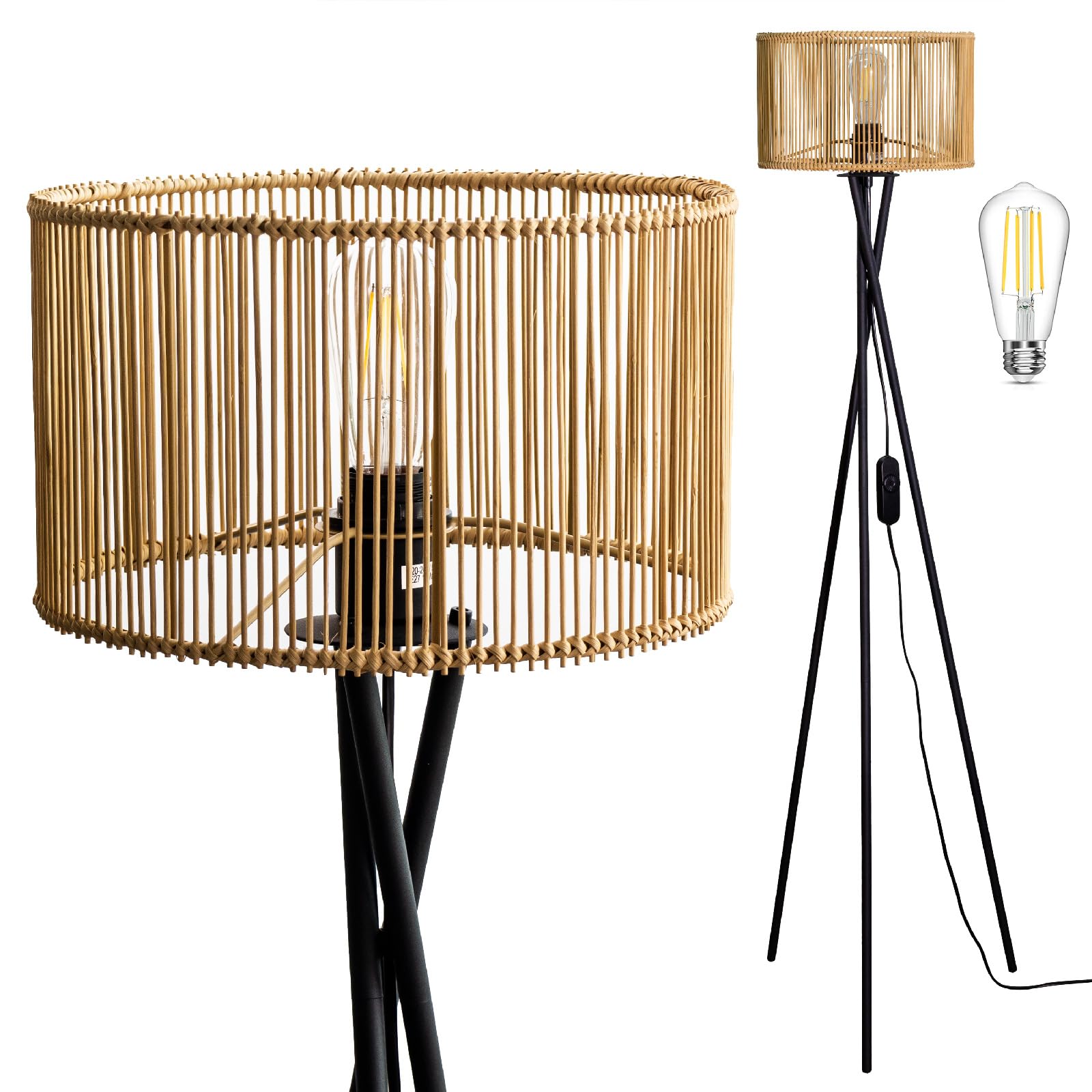 Lámpara de pie LED de diseño industrial con trípode metálico y madera 8