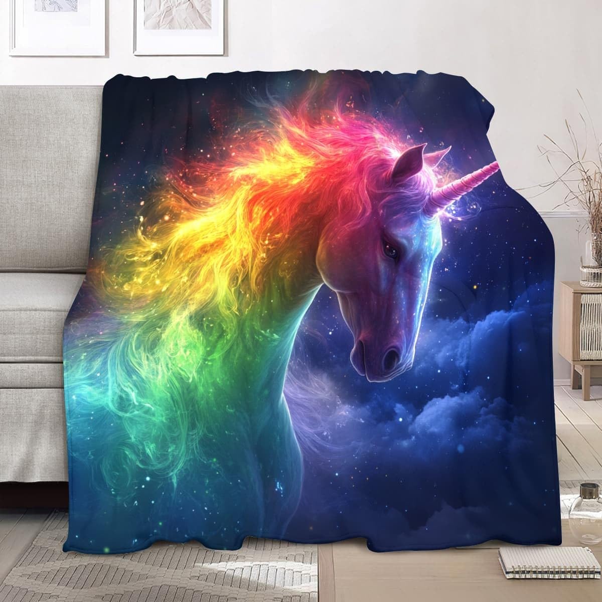 Koc na kanapę łóżko king 180 x 200 cm bajeczny gwiaździste niebo tęczowy jednorożec super miękkie przytulne koce kolorowe antyalergiczny polarowy narzuta koc flanelowy na wszystkie pory roku ciepły
