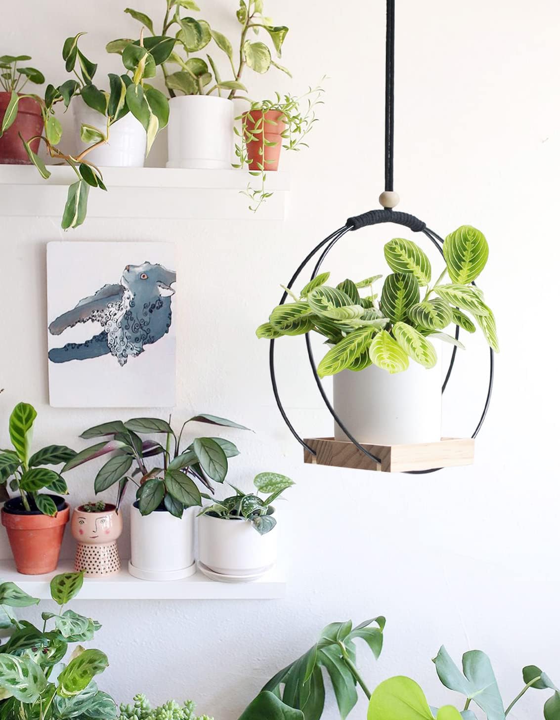 Plant Hanger with Wood Base - Boho Macrame Hanging Plant Holder for Indoor Plants Hanging Planter for Wall /Window/Room Decor Black (Pot & Plant Not Included) Black 1 PACK