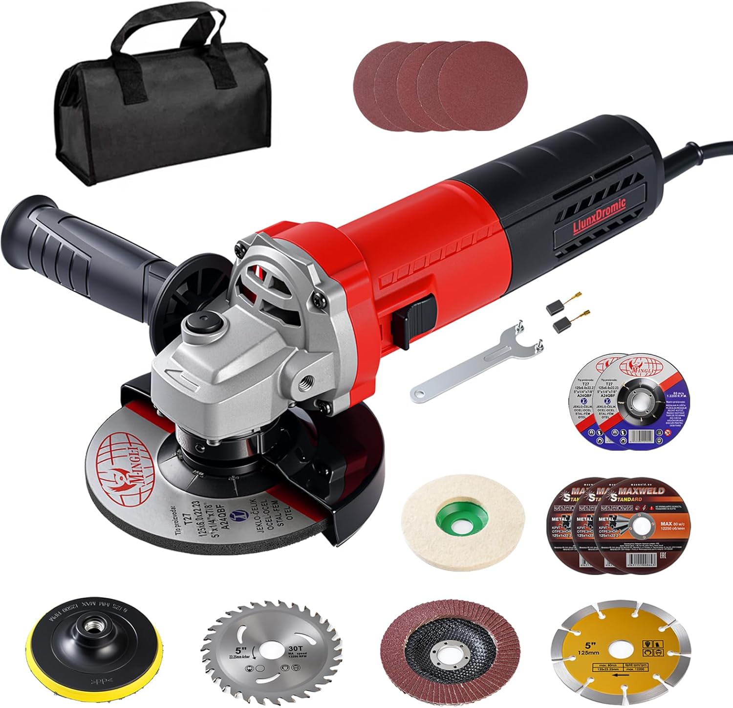 1000W 7.5Amp Angle Grinder Tool 125mm Corded Electric Angle with Grinding and Cutting Wheels, Flap Disc Auxiliary Handle Grinder with Tool Handbag Used for Cutting,Polishing and Grinding
