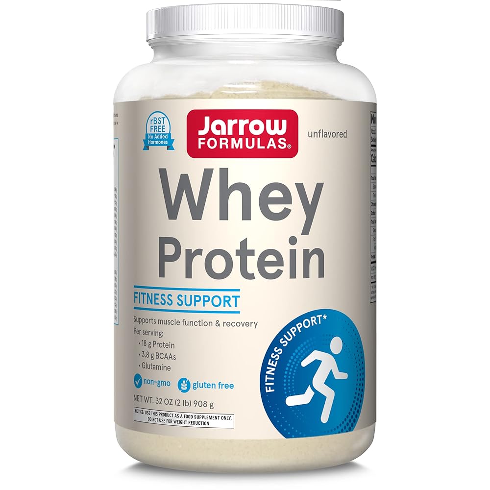 Jarrow Formulas Whey Protein with 18 g of Protein, 3.8 g of BCAAs, and Glutamine, Dietary Supplement for Muscle Function and Recovery Support, 32 oz Unflavored Powder, Approximately 38 Day Supply