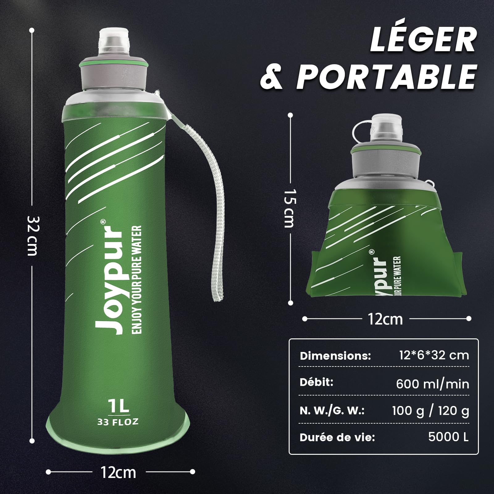 Bouteille Eau Pliable avec Filtre 1L, Filtre à Eau Portable 3 Couches, Élimine 99.9999% des Impuretés, Ultra-léger 100g, Pour Randonnée Camping Survie, TPU Qualité Alimentaire Vert