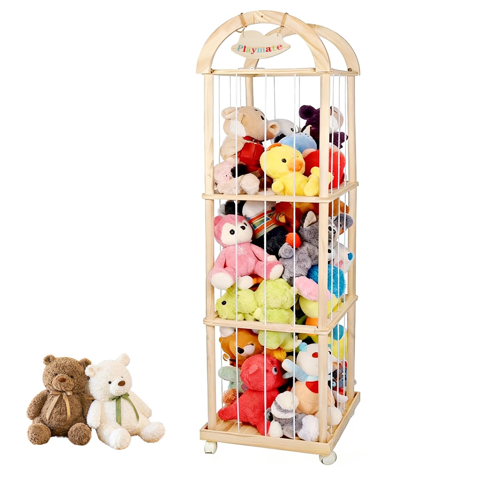 Hocomay Stuffed Animal Storage Cage, 3-Layer Large Solid Wood Soft Toy Organizer with Zoo Plaque & 4 Wheels, 156 * 40 * 40cm, Cuddly Toy Storage for Nursery Playroom Bedroom