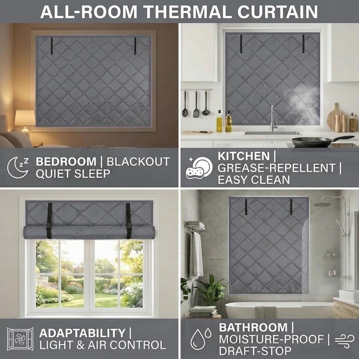 Film d'Isolation Thermique pour Fenêtres, Kit de Rideaux Isolants Visibles 60 80 100 120cm, Couverture de Fenêtre 3 Couches en Coton Oxford, Garde l'Air Chaud pour Le Camping-Car(Gris,119x259cm)
