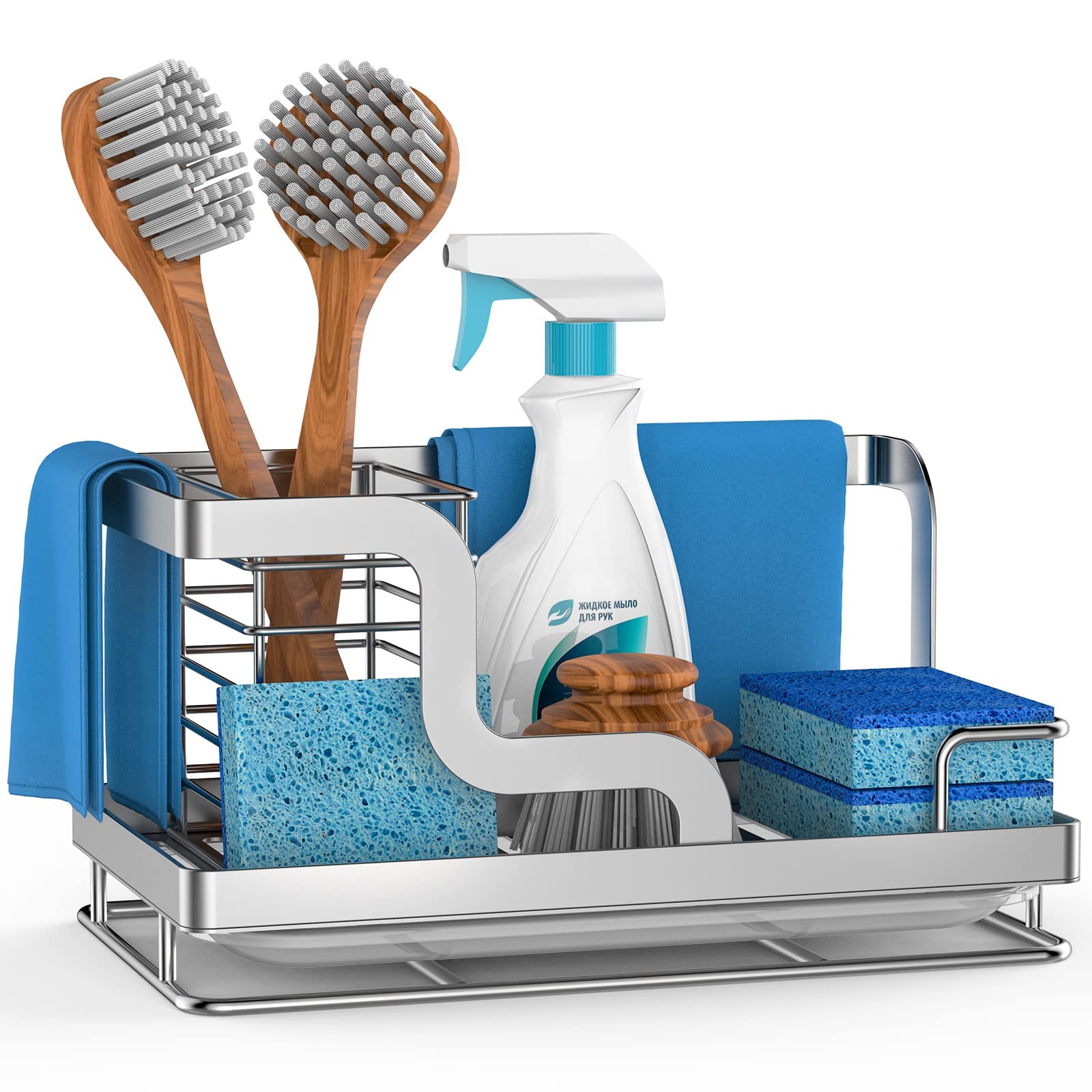 Sink Caddy Organizer Stainless Steel Countertop Organizer Sponge Holder with Removable Drain Pan for Sponge Brush Dishcloth Dish