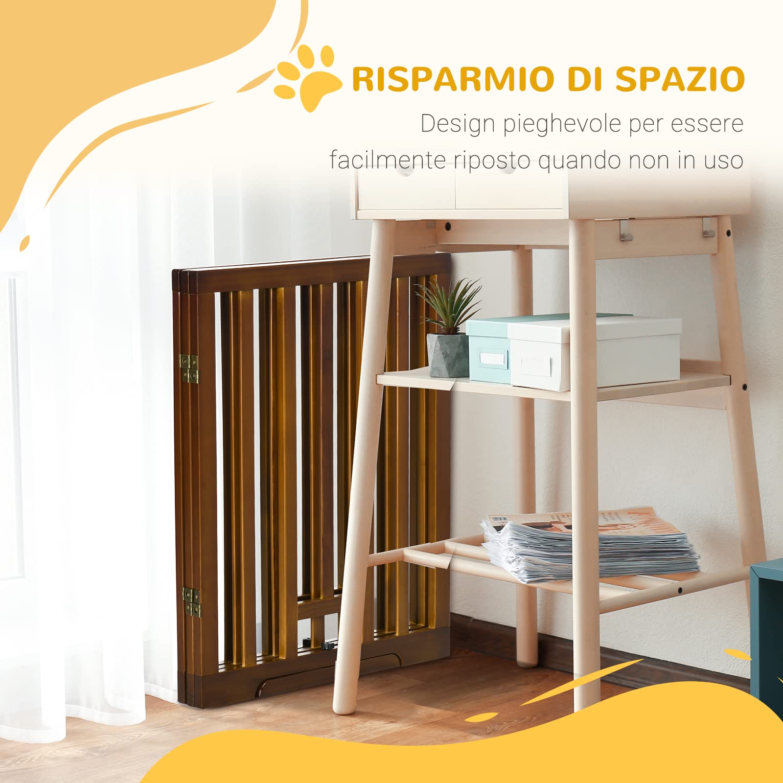 PawHut Cancellino per Cani Cancelletto 3 Pannelli 181x35x76cm Marrone Scuro | Pieghevole, Piedini Antiscivolo, per Corridoi Scale e Stanze, in Legno di Pino