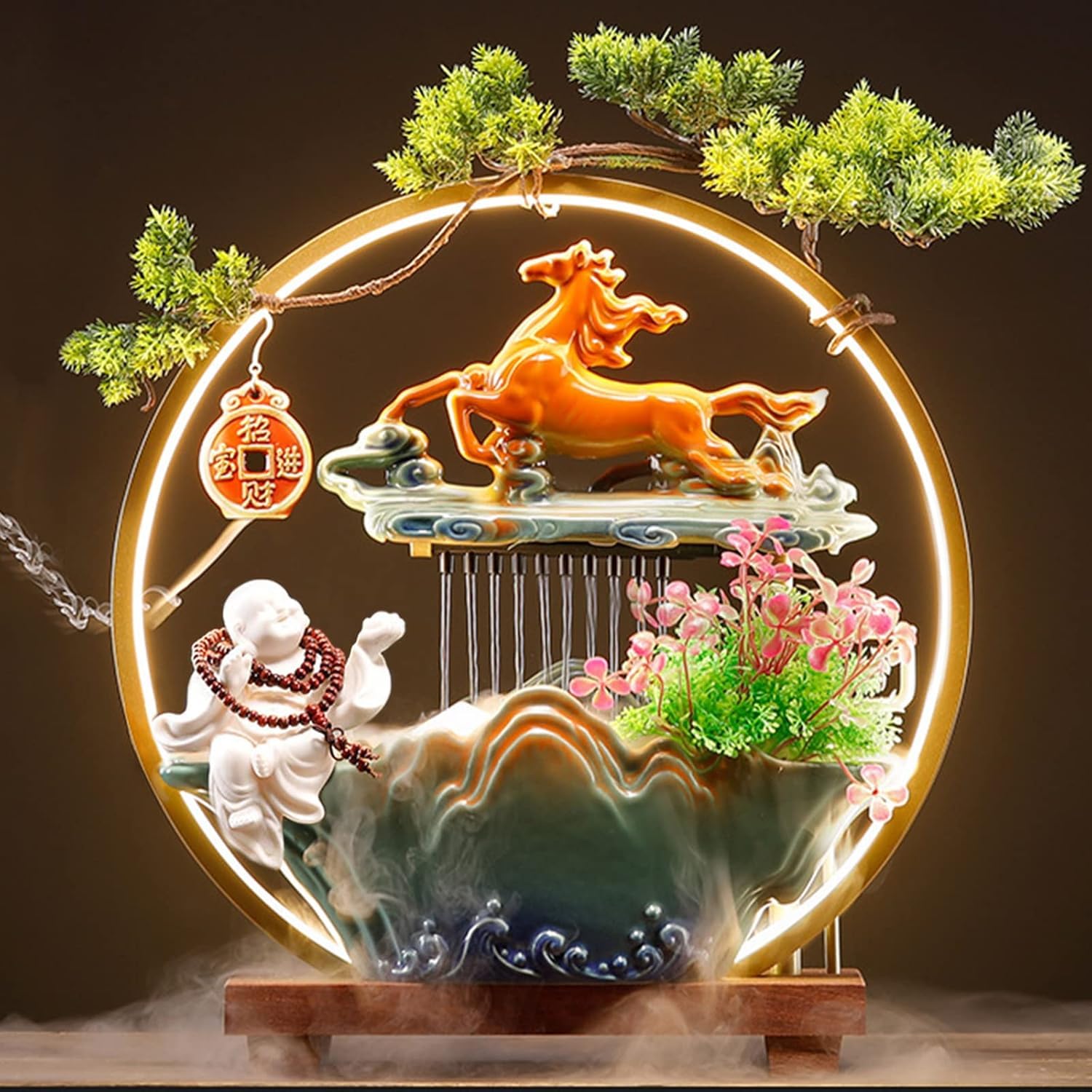 Fontana d'acqua per interni, da tavolo, cascata, con luce a LED, fontana da tavolo per meditazione con nebbia, fontana giapponese con piante finte, Feng Shui, decorazione per casa e ufficio per